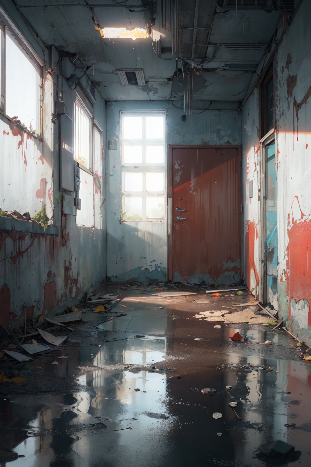 masterpiece,best quality,(ray tracing, reflection light, film grain),dark sky, heavy rain, inside abandoned building, low water level,realistic background,light particle