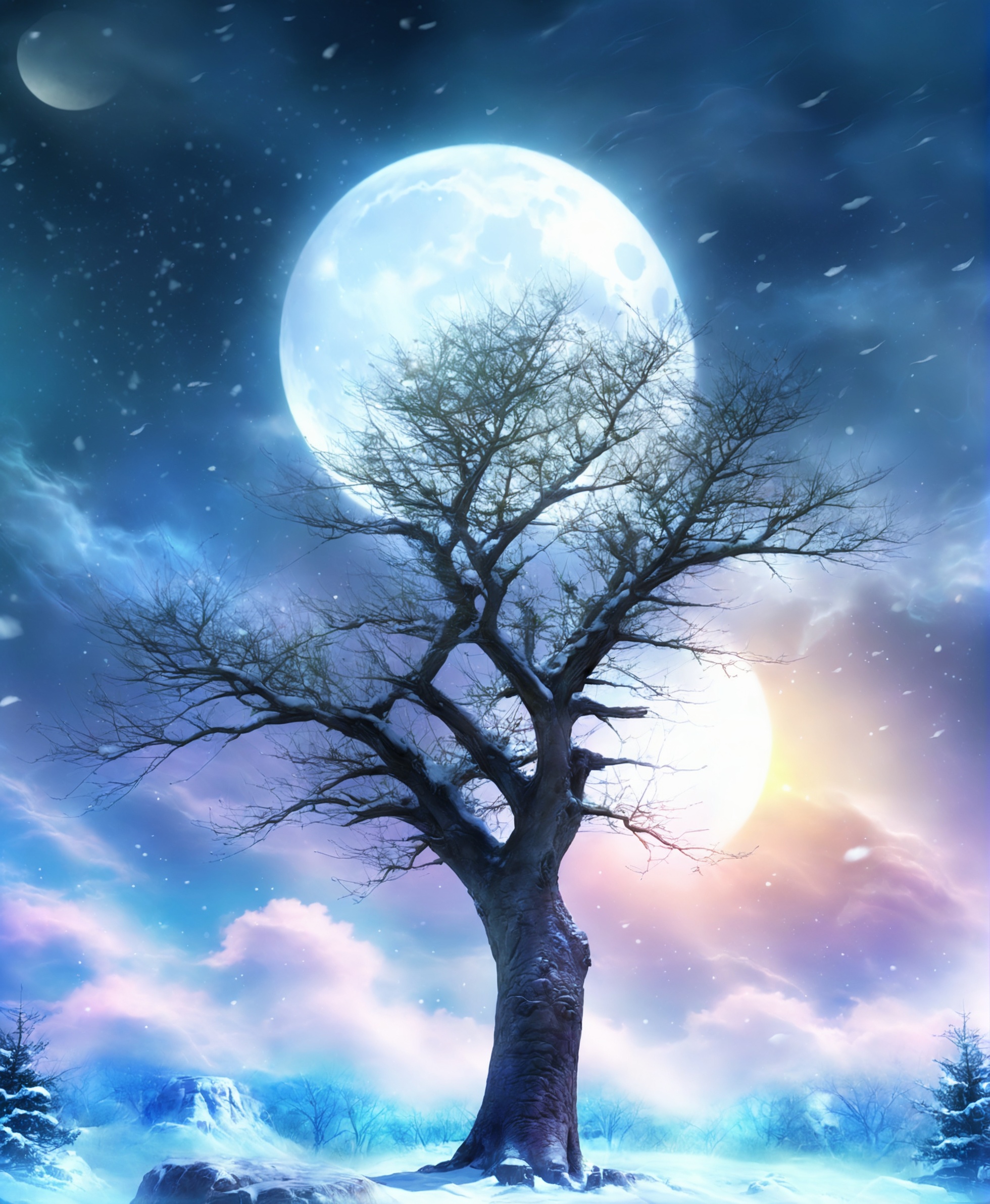 LOL,\\\(lol style\\\),game cg,1 tree in the air with a full moon in the background and clouds in the sky,with snow falling on the tree, <lora:XL_Light:0.8>