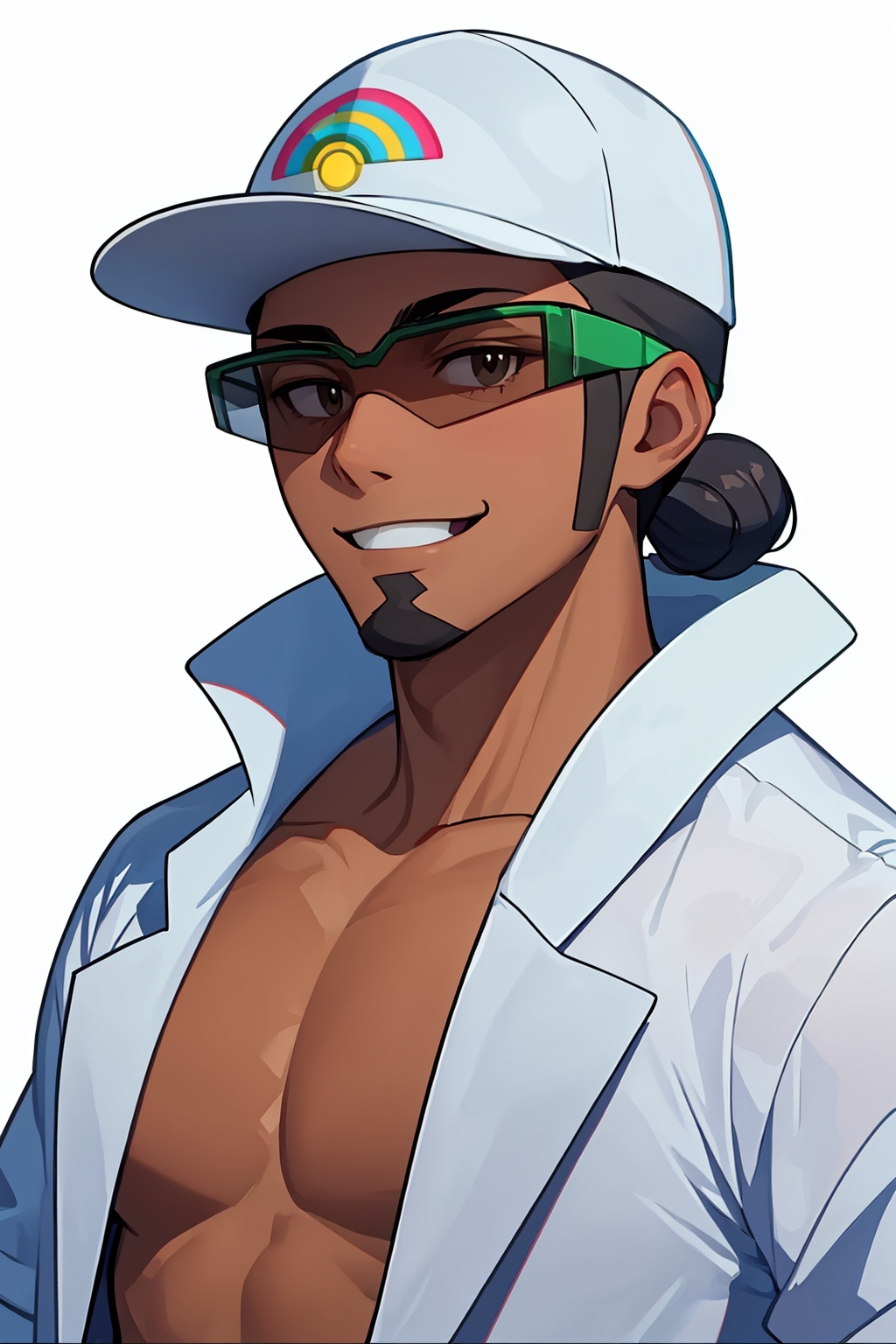 masterpiece,best quality, highly detailed, kukui (pokemon),male focus,1boy,dark-skinned male,baseball cap,white headwear,sunglasses,labcoat,smile,goatee,solo,<lora:kukui_(pokemon):1>,simple background,white background