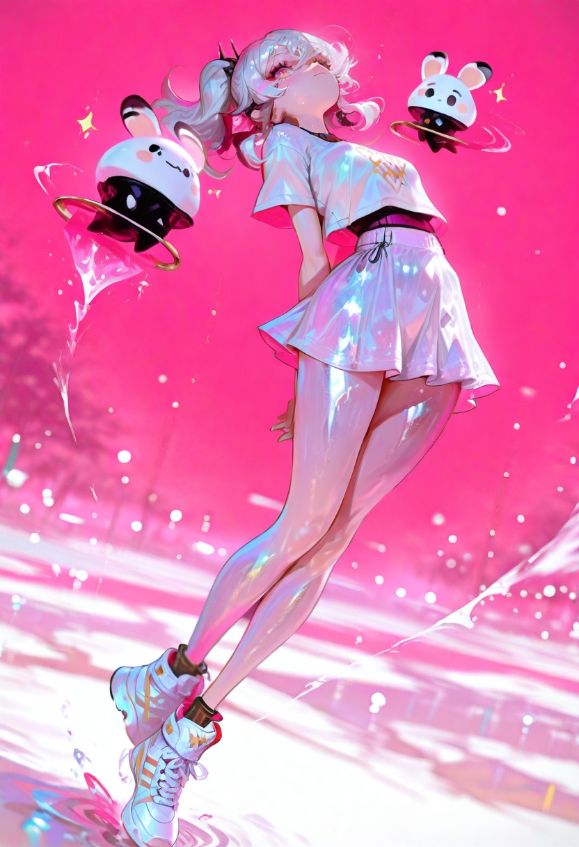 best_quality,masterpiece,cute painting style,perfect body,wide hips,slim waist,thin legs,thin waist,full body,shiny skin,makoto_(genshin_impact),Adidas T-shirt,miniskirt,White Adidas sneakers,depth of field,dutch angle,photorealistic,shiny skin,vibrant,(distant shot:1.2),masterpiece,best quality,amazing quality,very aesthetic,absurdres,newest,volumetric lighting,looking at viewer,8k,dynamic angle,illustration,intricate details,Bright Pink background,vibrant illustration,fashion details,(floating a chibi character:1.2),wearing matching colors,long_legs,longeyelashes,closed mouth,Leaning back, arms folded,