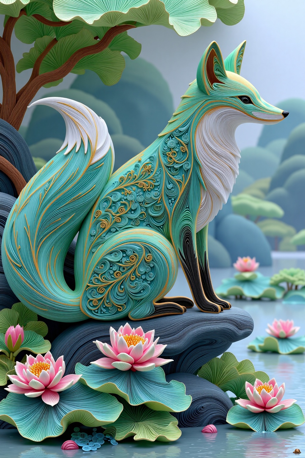 beijihui,a geometric fox composed of intricate golden linear contours, floating above a real outdoor background inspired by East Asian aesthetics, such as a serene lakeside with lotus flowers and mist, using a rich and vibrant color palette with jade green, vermilion, indigo, and gold, elegant and futuristic