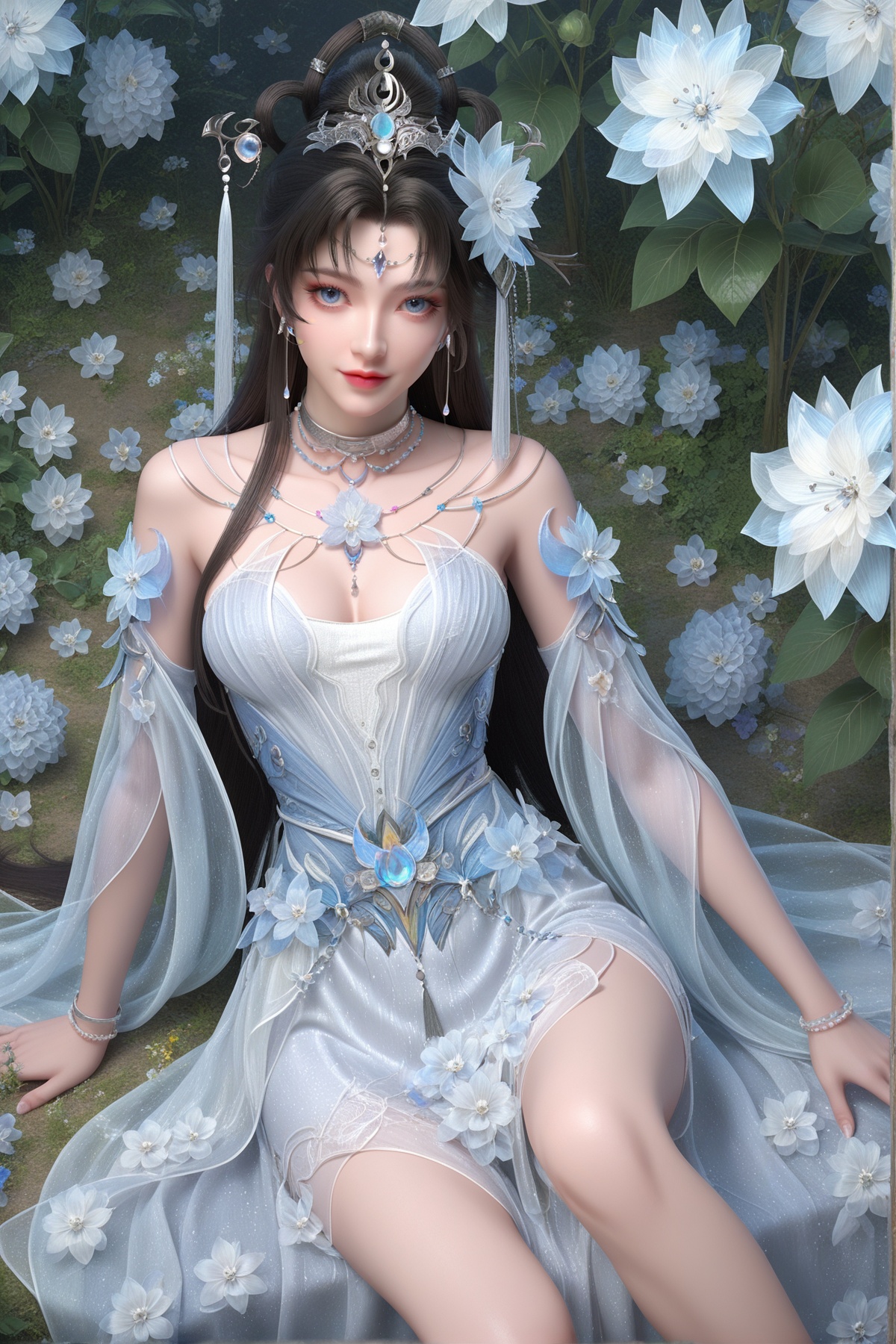 score_9,score_8_up,score_7_up,<lora:wy_yaoyuegongzhu_XLcs:0.8>,1girl,long hair,breast,medium breast,earrings,hair_ornament,dress,blue eyes,black hair,white_dress,thick_thighs,sitting,flower,many flowers,very many flowers,on_ground,wetting,dark,from_above,smile,