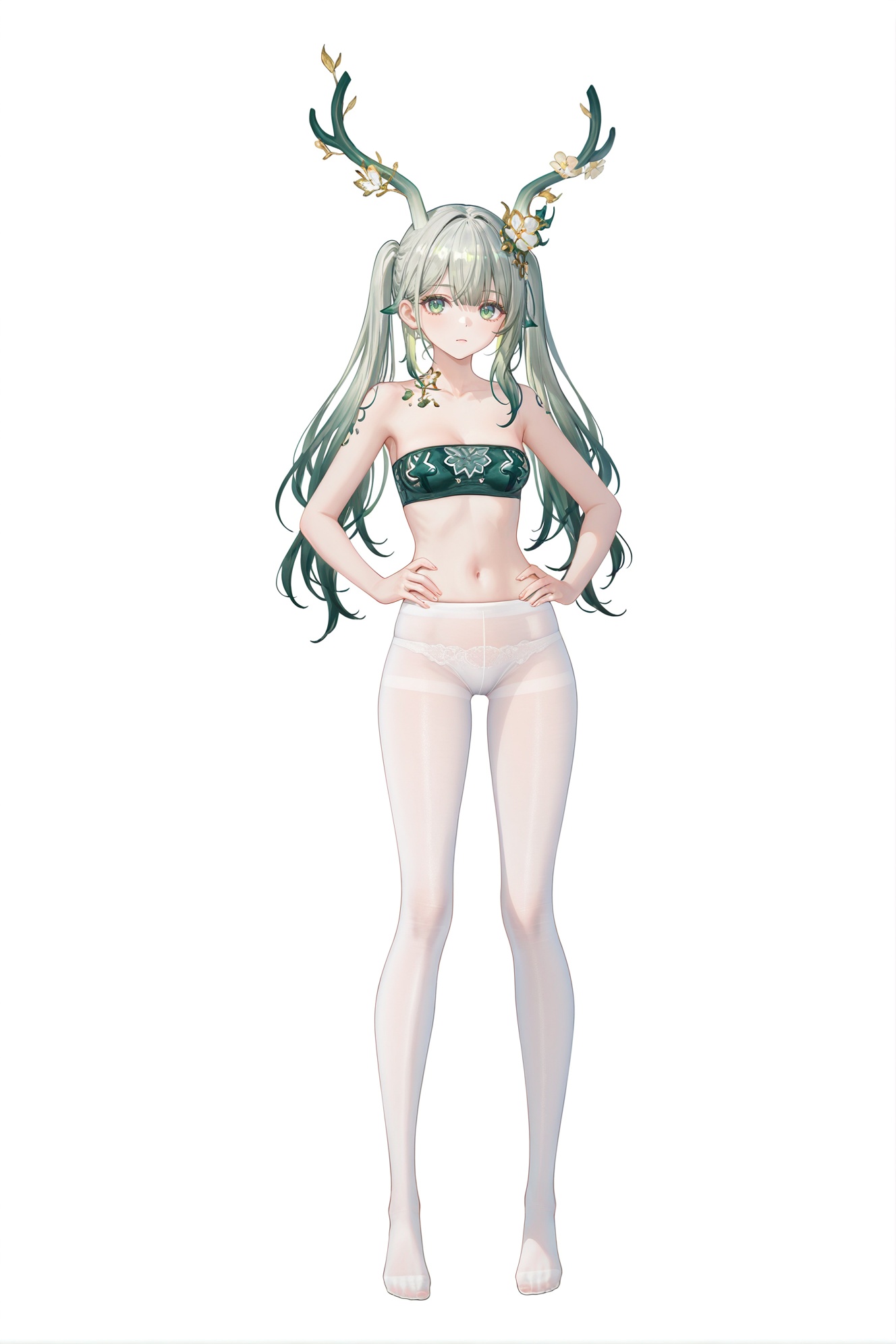 8k,best quality,masterpiece,(ultra-detailed),(high detailed skin),((artist:reoen),(artist:fuzichoco),(artist:atdan),(artist:torino_aqua),year 2024:0.8)1girl,[artist:wlop],[artist:ningen_mame],artist:ciloranko,[[artist:rhasta]],artist:tidsean,colorful,full body,full shot,standing,(solo:1.2),simple background,(white background:1.2),hand on own hip,(white background:1.1),<lora:weimo-ill-Tanger-000013:0.8>,weimo \(book of yog\),weimodef,clothes: weimodef clothes,weimodef green Tube Top,weimodef flower hair ornament,weimodef white pantyhose,weimodef green-and-white deer horns,twintails,1girl,long hair,antlers,see-through,grey hair,green hair,multicolored hair,no dress,white panties,