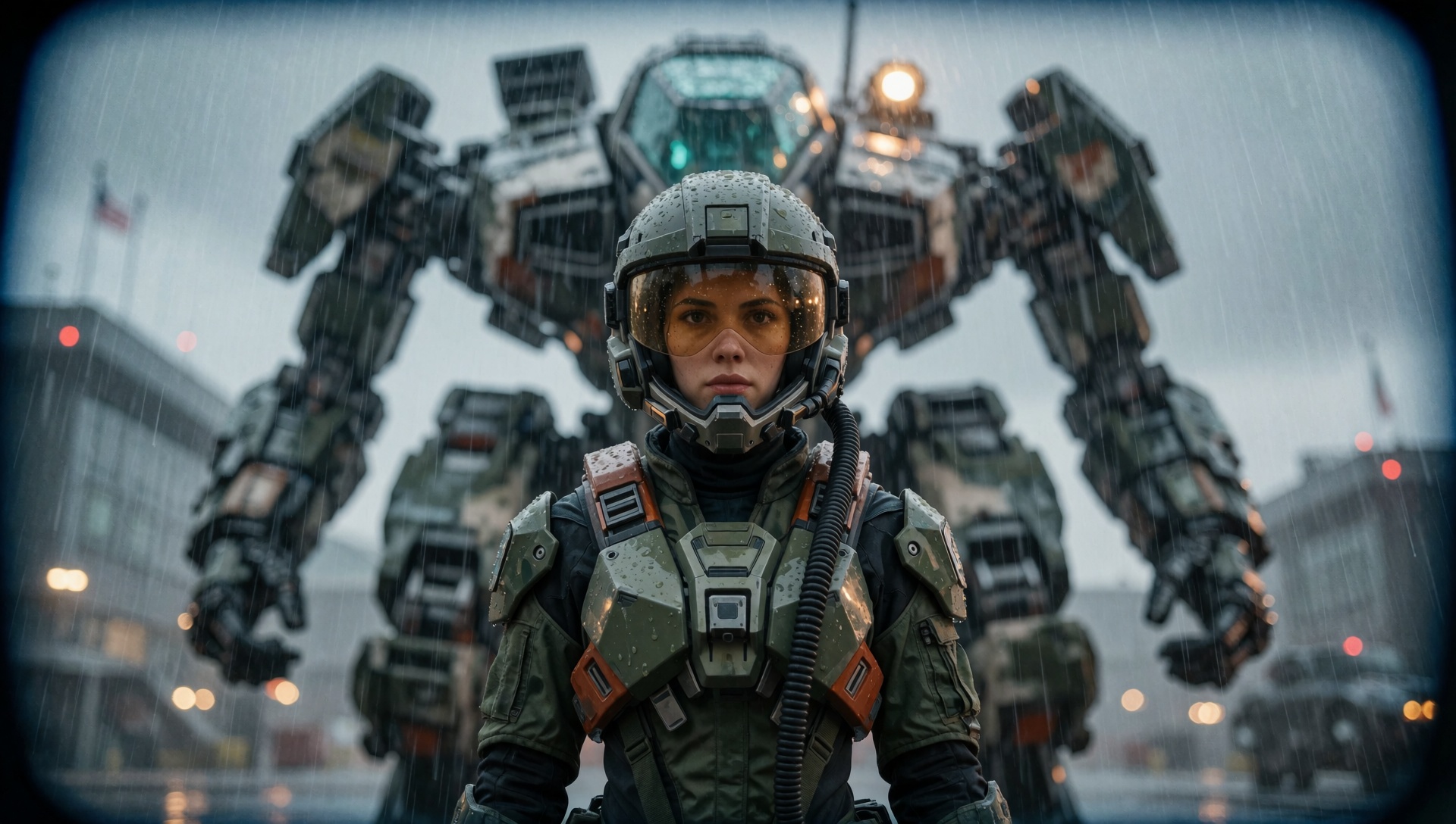 cinematic film still portrait of a solo female mech pilot standing in front of her ,  scifi armor,  military base on Tenso...