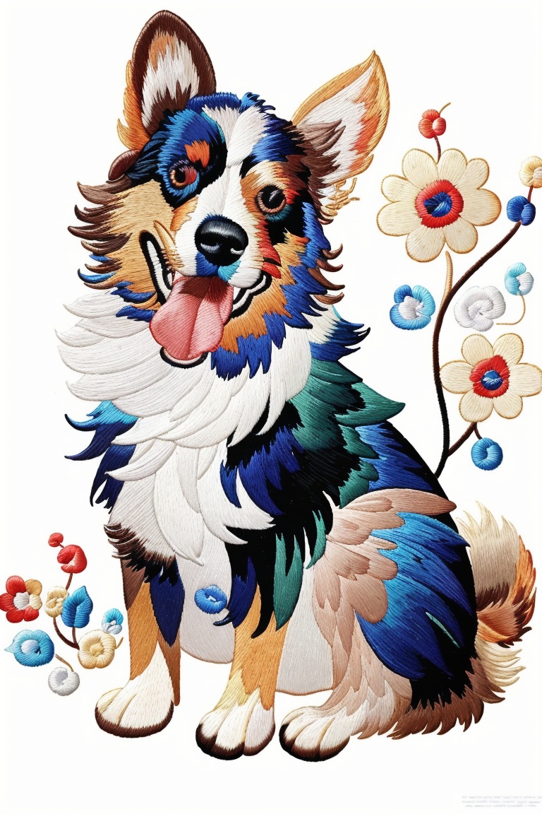 ((HRD, HUD, 8K)),((masterpiece, best quality)), highly detailed,Embroidery, no humans, dog, white background, tongue, flower, bug, tongue out, simple background, animal focus, animal, watermark, fangs, looking at viewer, butterfly, open mouth, leaf, full body, brown eyes, tail, <lora:20240520-1716211516835:0.8>