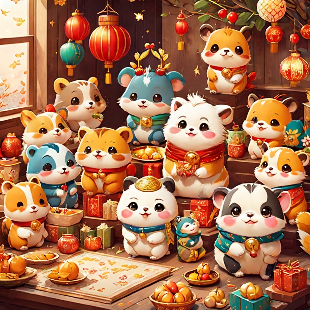 many animals,cute,poakl cartoon newyear style,best quality,masterpiece,<lora:poaklSDXLcartoonnewyearV2-000007:0.6>,
