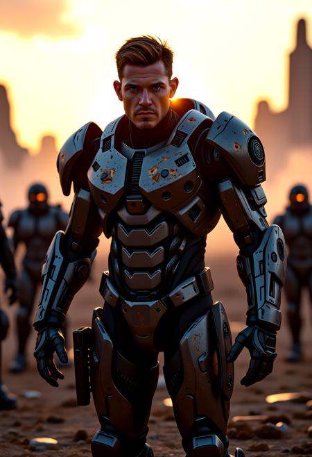 A futuristic battlefield reveals a captivating scene. YoungMoxie, a grizzled cyborg, stands amidst the chaos with his face clearly lit, his exosuit, now worn with battle damage, reflecting the setting sun's rays. The exosuit, a masterpiece of gothic design, enhances his muscular frame, its bulkiness conveying strength and resilience. YoungMoxie's presence, a fusion of human and machine, exudes determination and a sense of duty. This cinematic film still, with its retro arcade style, captures a moment of intense action, where his cybernetic enhancements and battle-worn armor leave viewers enthralled by the fusion of technology and warfare in this dystopian, futuristic world,   <lora:flux_trainer/moxiePunk_v4D>