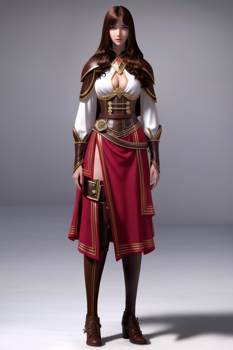 ((HRD, HUD, 8K)),((masterpiece, best quality)), highly detailed, soft light,1girl, solo, brown hair, long hair, green eyes, lips, breasts, cleavage, cleavage cutout, medium breasts, armor, clothing cutout, skirt, thighhighs, cape, boots,simple background, white background, full body, long legs, standing, looking at viewer,  <lora:20240402-1712019493265:0.72>