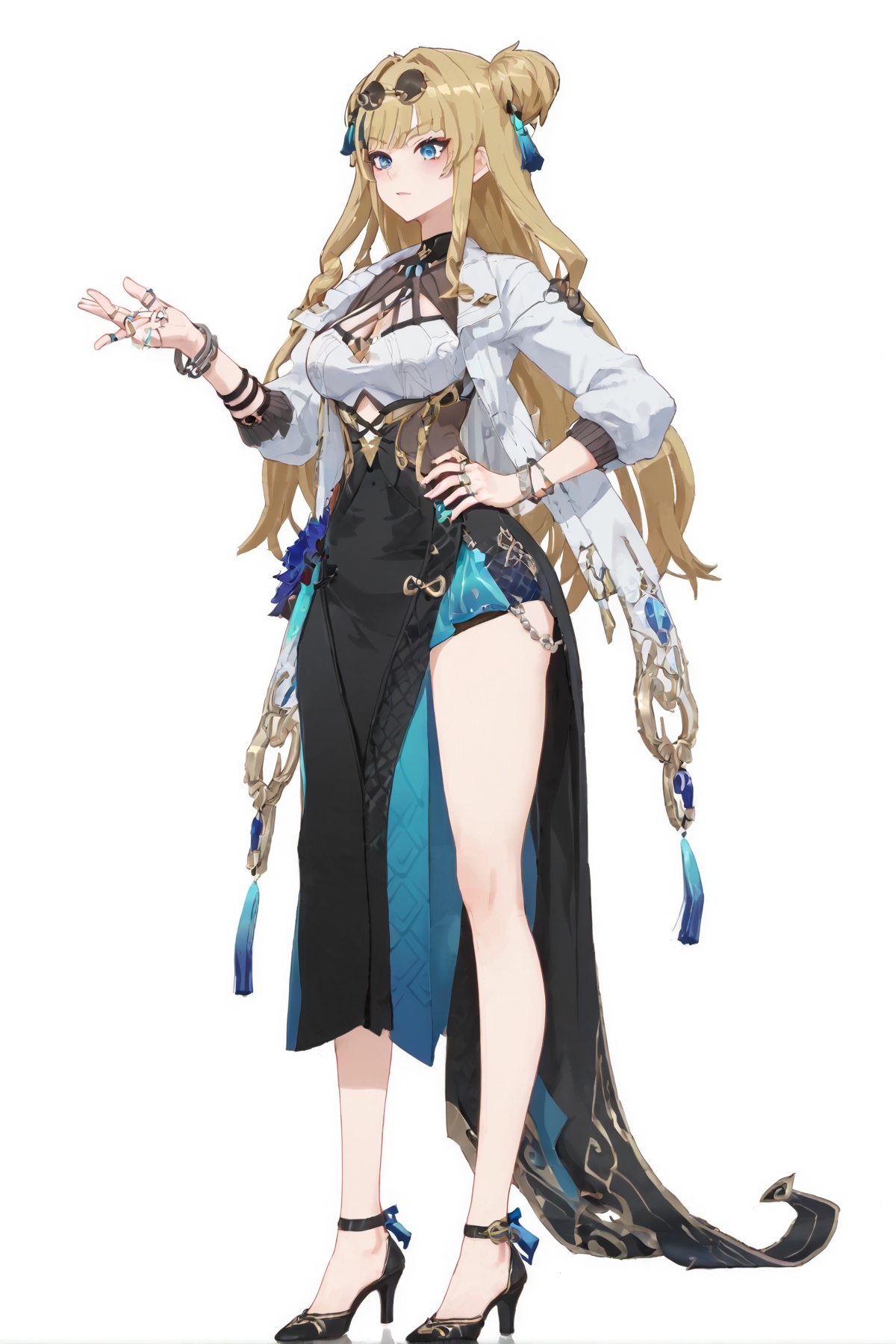 score_9, score_8_up, score_7_up, score_anime, 8k, best quality, masterpiece, (ultra-detailed), (white background:1.1), solo, hands on hip, (full body:1.1), <lora:songque-pony-Tanger:0.8>, songque, def clothes, youfang, 1girl, blonde hair, long hair, breasts, jewelry, double bun, blue eyes, ring, black skirt, high heels, white jacket, eyewear on head, sunglasses, 