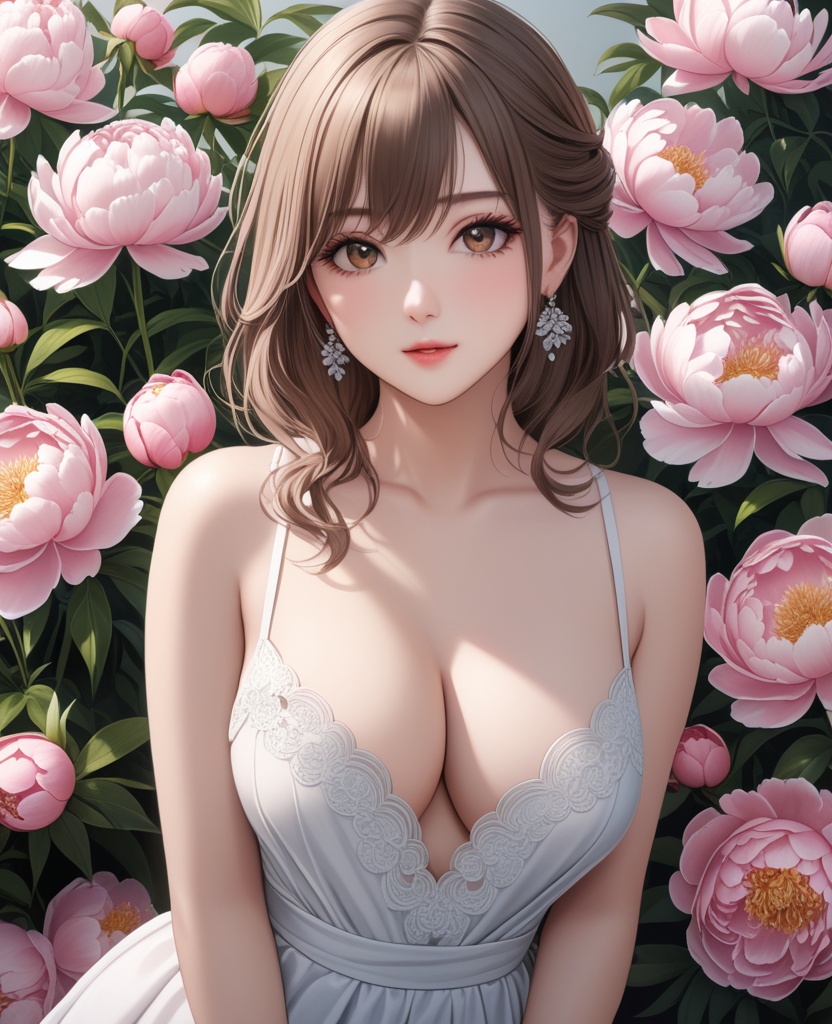 (,1girl, ,best quality, ),looking at viewer,  ,,ultra detailed background,ultra detailed background,ultra realistic 8k cg, , ,masterpiece, (( , )),,, ultra realistic 8k cg, ,      ,peony \(flower\),(cleavage), (),