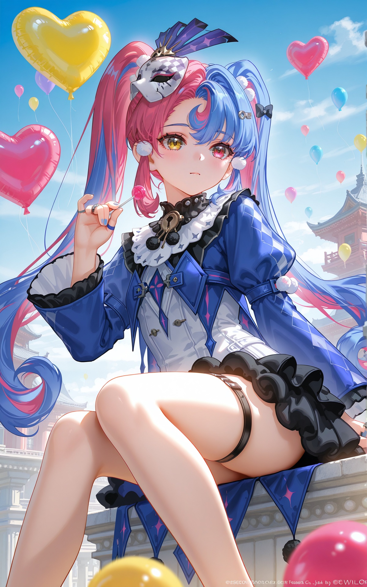 8k,best quality,masterpiece,(ultra-detailed),(high detailed skin),((artist:reoen),(artist:fuzichoco),(artist:atdan),(artist:torino_aqua),year 2024:0.8),[artist:wlop],[artist:ningen_mame],artist:ciloranko,[[artist:rhasta]],artist:tidsean,colorful,<lora:xl-ill-roccia_(wuthering_waves)_v1-000010:0.8>,roccia\(wuthering waves\),1girl,balloon,solo,blue hair,twintails,long hair,pink hair,multicolored hair,food,hair ornament,looking at viewer,holding,yellow eyes,heterochromia,long sleeves,candy,holding food,very long hair,blush,closed mouth,bow,lollipop,outdoors,thigh strap,mask,holding candy,hairclip,japanese clothes,black bow,hair bow,pink eyes,kimono,sitting,blue nails,pom pom \(clothes\),pom pom hair ornament,red eyes,puffy sleeves,virtual youtuber,mask on head,holding lollipop,sky,heart balloon,feet out of frame,day,ring,streaked hair,red hair,