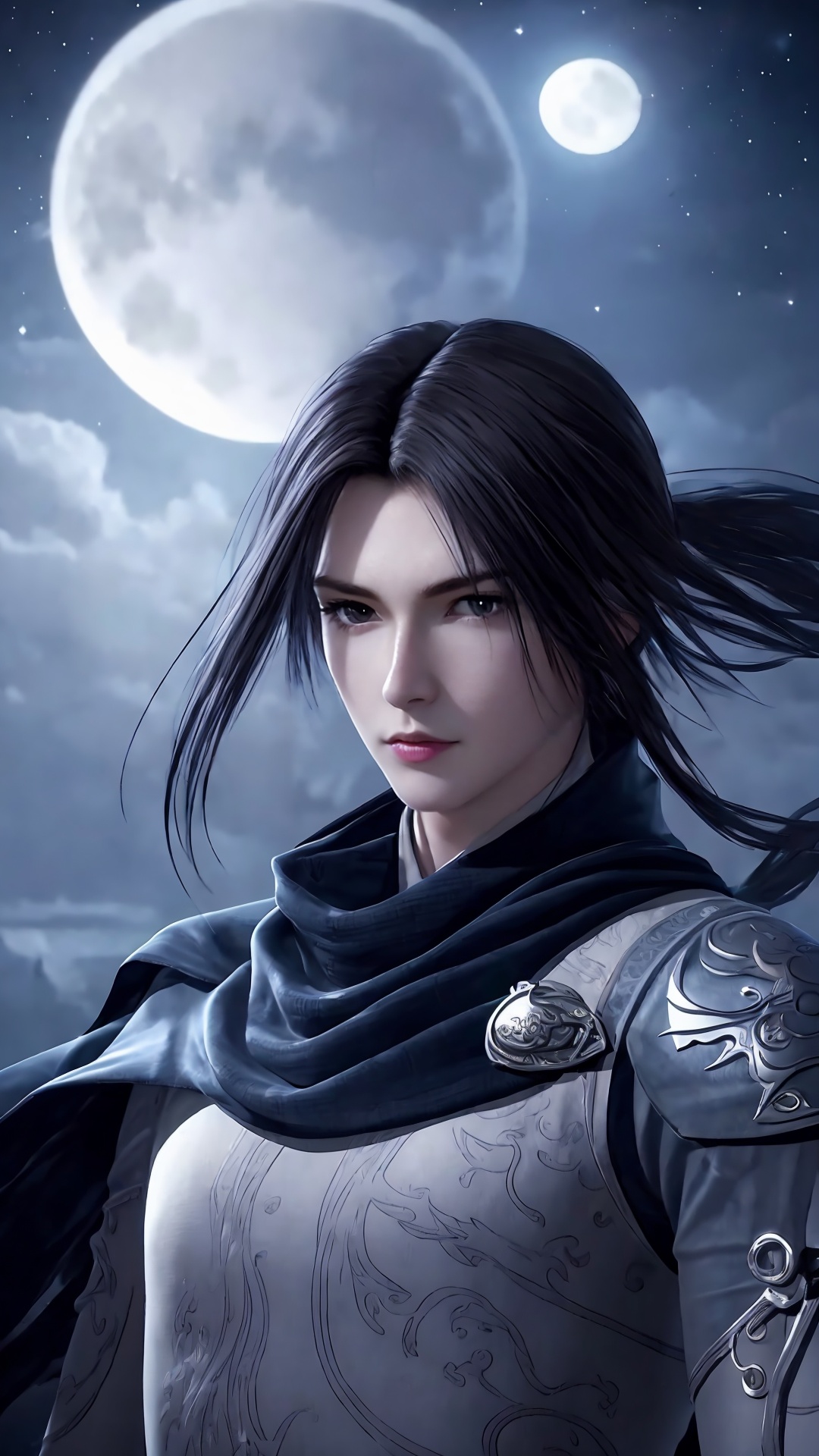 (1boy:0.8),male focus,cape,armor,solo,black hairr,<lora:Ge Nie man Boy Handsome boy swordsman_20240829181204:0.8>,highres,wallpaper,huge filesize,mid_shot,bust,upper_body,china_dress,chinese style architecture,moonlight,night_sky,