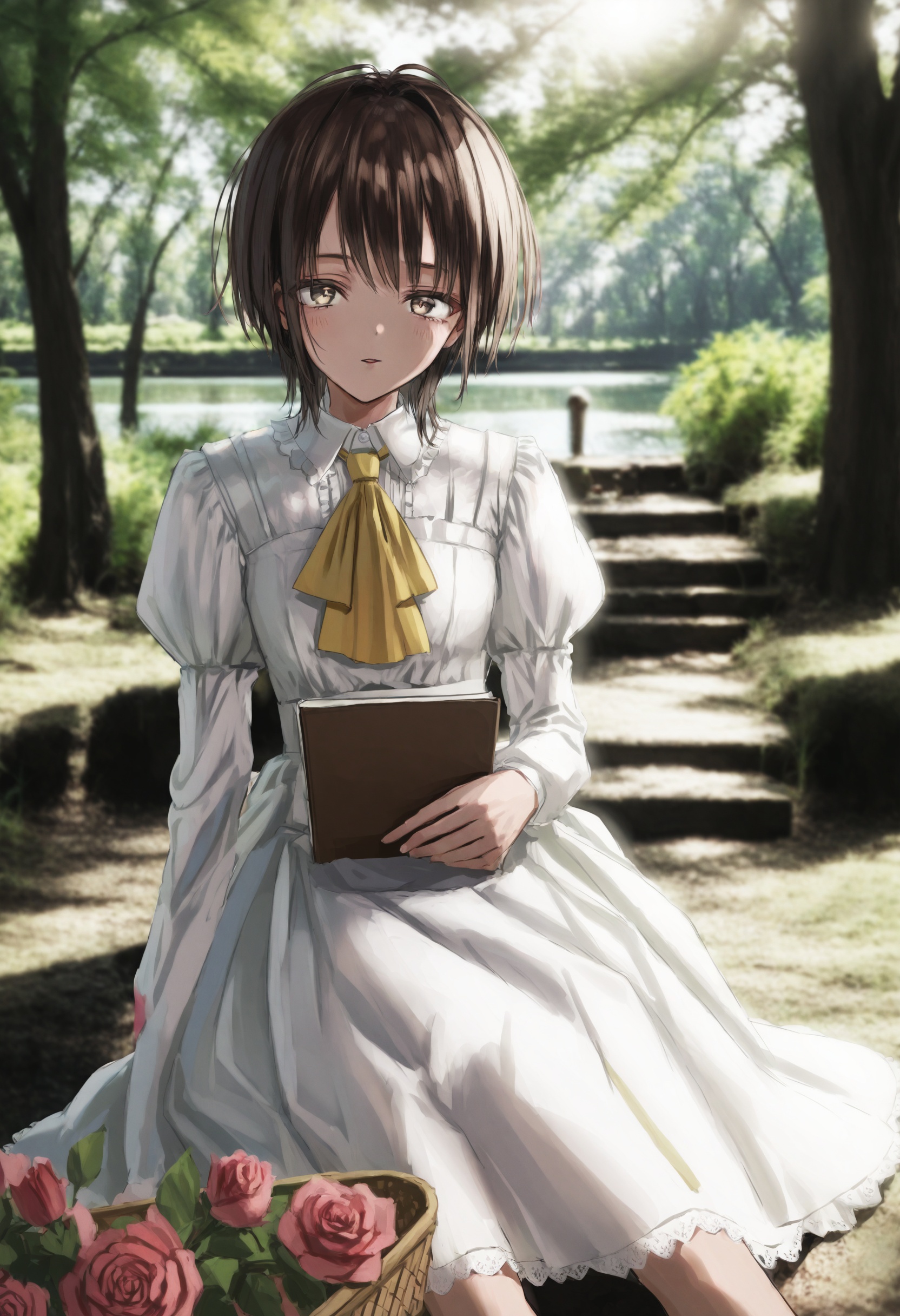 1girl, okumura haru,   brown hair, dress, solo, flower, tree, outdoors, white dress, sitting, long sleeves, puffy sleeves, short hair tie, book, sunlight, boat, nature, day, parted bangs, parted lips, watercraft, juliet sleeves, water, red flower, brown eyes, looking at viewer, ascot, official alternate costume, lips, frills, yellow ascot, signature, red rose, sky, dappled sunlight, alternate costume, rose, picnic basket, masterpiece, best quality <lora:GUXLlokr8f-000183:0.95>