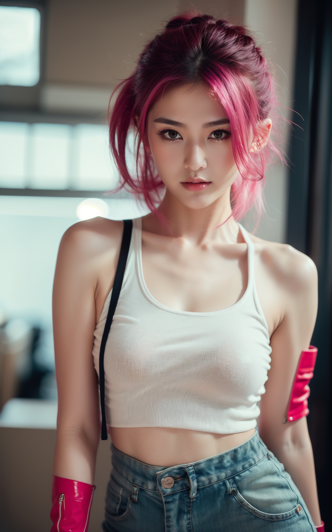 Peiyao Jiang,1girl,solo,(pink hair),gloves,long hair,shorts,blue eyes,fingerless gloves,hair over one eye,(red gloves),cleavage,smile,denim,**** top,looking at viewer,denim shorts,short shorts,blue shorts,shirt,leaning forward,collarbone,sexy,cute,Beautiful Finger,Beautiful long legs,Beautiful body,Beautiful Nose,Beautiful character design,perfect eyes,perfect face,Charming and wanton eyes,bodybuilding,pink eyebrows,(white ****_top),****_top,looking at viewer,official art,extremely detailed CG unity 8k wallpaper,perfect lighting,Colorful,Bright_Front_face_Lighting,(masterpiece:1),(best_quality:1),ultra high res,4K,ultra-detailed,,