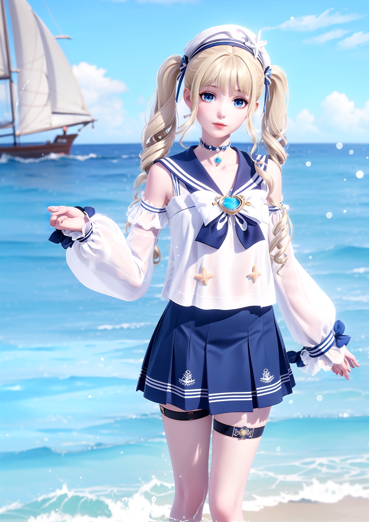 masterpiece,best quality,1girl,Nikki,beach,solo,blue eyes,swimsuit,outdoors,blonde hair,hat,detached sleeves,ocean,looking at viewer,twintails,drill hair,choker,day,blurry,blue sky,sailor collar,long hair,sailor hat,sky,holding,twin drills,blurry background,long sleeves,skirt,standing,thigh strap,flower,bow,water,sidelocks,