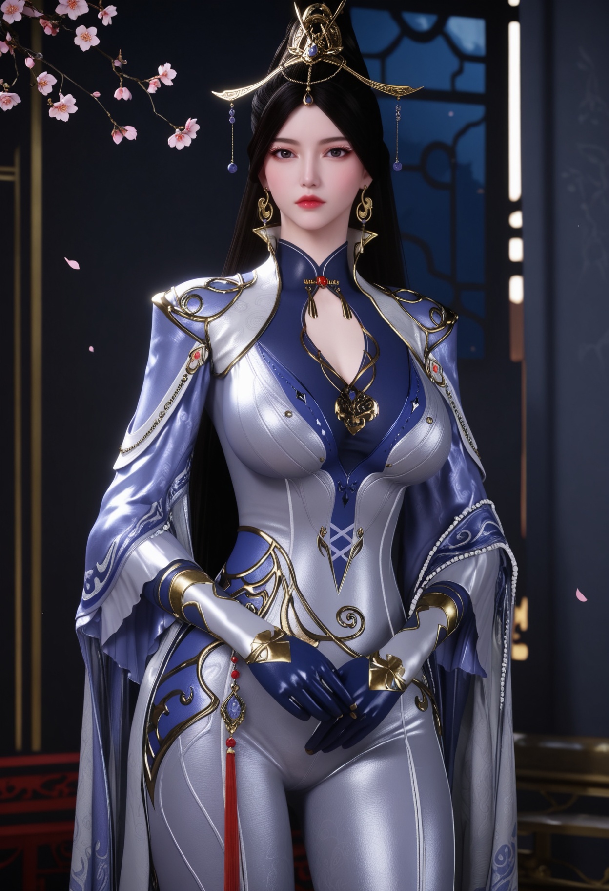 (cowboy shot:1.2),(gigantic breasts:0.6),Perky boobs,(looking at viewer:1.1),facing viewer,direct gaze,(masterpiece:1.1),(best quality:1.2),(intricate details),(smog:1.3),(Dark room:1.3),(dim lighting:1.3),peach blossom,falling petals,<lora:YQ_Illustrious光辉v5_秋清儿_V1:0.8>,1girl,q1528437228,solo,black hair,jewelry,earrings,long hair,hair ornament,ponytail,dress,gloves,chinese clothes,bodysuit,black eyes,cape,high heels,pantyhose,masterpiece,(best quality),(intricate details:0.9) BREAK (intricate details:0.9),(realistic skin:1.2),masterpiece,best quality,newest,absurdres,hiahres,