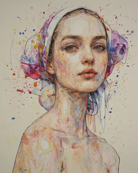 Mategake style,  a portrait of a young woman with soft features and large eyes looking directly at the viewer. Her skin is...