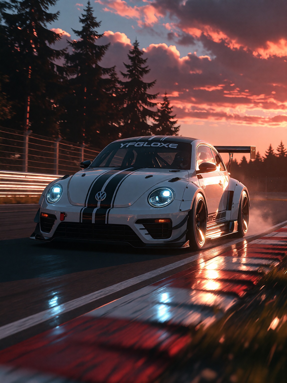 ethereal motion blur style,  YFGLooxe style Stylized digital illustration of a white Volkswagen Beetle race car speeding a...