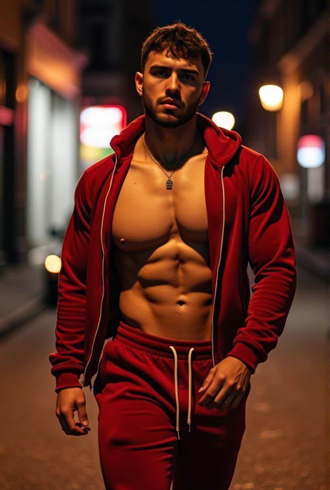 aaron owen ,  realistic photo in a worn ((skin-revealing skimpy erotic red tracksuit,  massive pecs)) on Tensor.Art