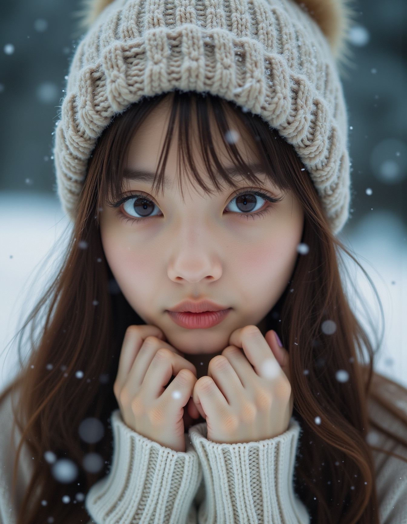 best quality,  masterpiece,  analogue photo of ***** girl in sweater and sweater hat on Tensor.Art