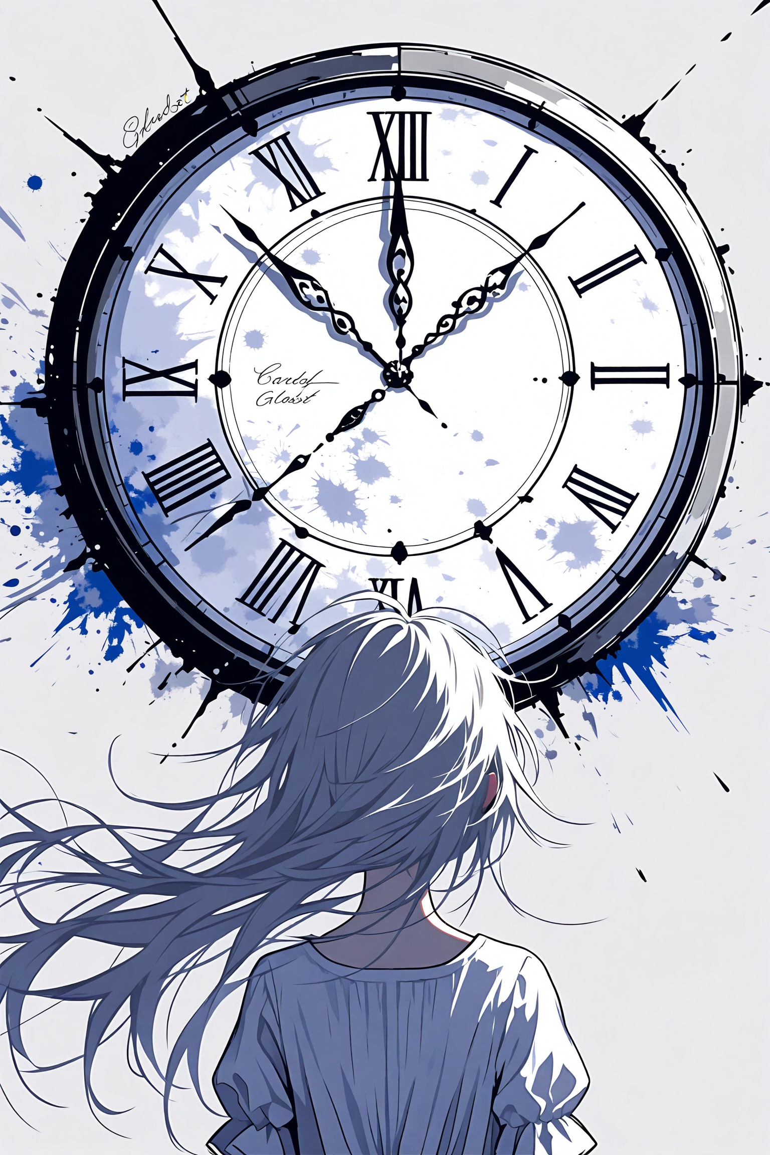1girl, solo, long hair, from behind, roman numeral, clock, white hair, upper body, shirt, white shirt, facing away, floating hair, english text, white theme, grey background, dress, white background, character name, artist name, white dress, simple background, analog clock, short sleeves, ahoge, messy hair, signature, splatter, puffy sleeves, song name, grey hair, abstract background, back, paint splatter, broken glasst<lora:lp37-000040:0.7>