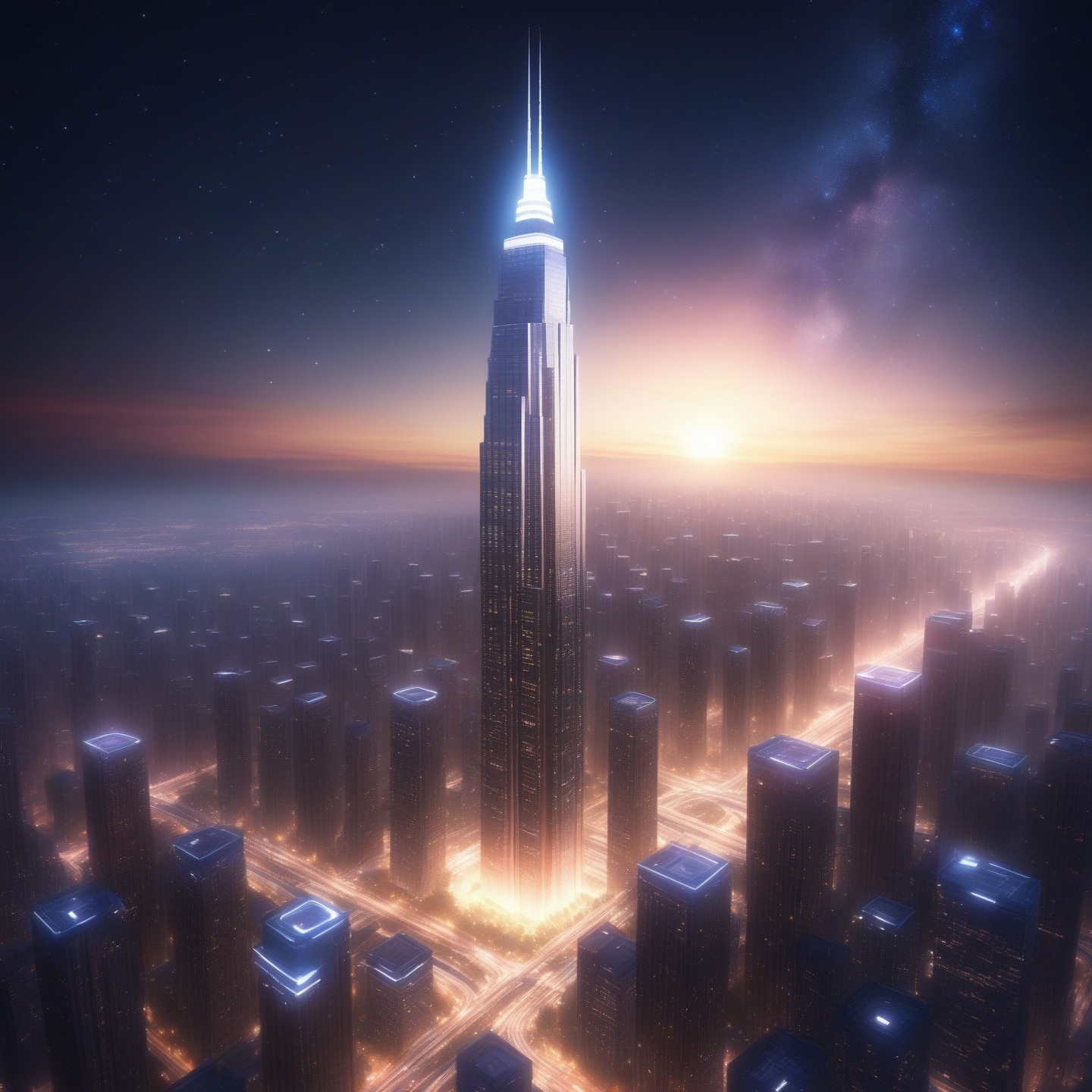 ((3D modeling)),((photos)),((real world)),towering buildings are built up from the ground,lit. fill the whole sky with stars