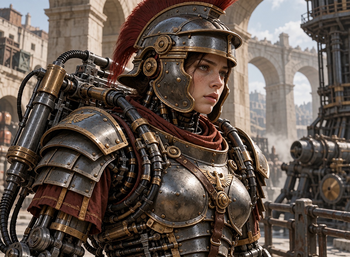 Portrait of a young woman legionary wearing a steel Roman helmet and polished segmented armor integrated with a mechanical...