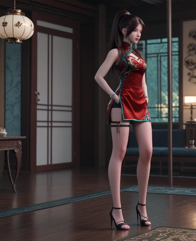 (oriental architecture, elegant decor, sophisticated style:1.1),(hands in pockets:1.1),(breasts:1.2),<lora:XL16龙蛇演艺唐紫尘:0.95>,miss tangzichen,red short qipao with embroidery,blue eyes,black hair,ponytail with hair over shoulder,cleavage cutout,red lips,bracelet,jewelry,thigh loops,black high-heeled sandals,, score_9,score_8_up,score_7_up,score_6_up,score_5_up,score_4_up,3d rendering,tag1,tag2, Cinematic Lighting,backlighting,
