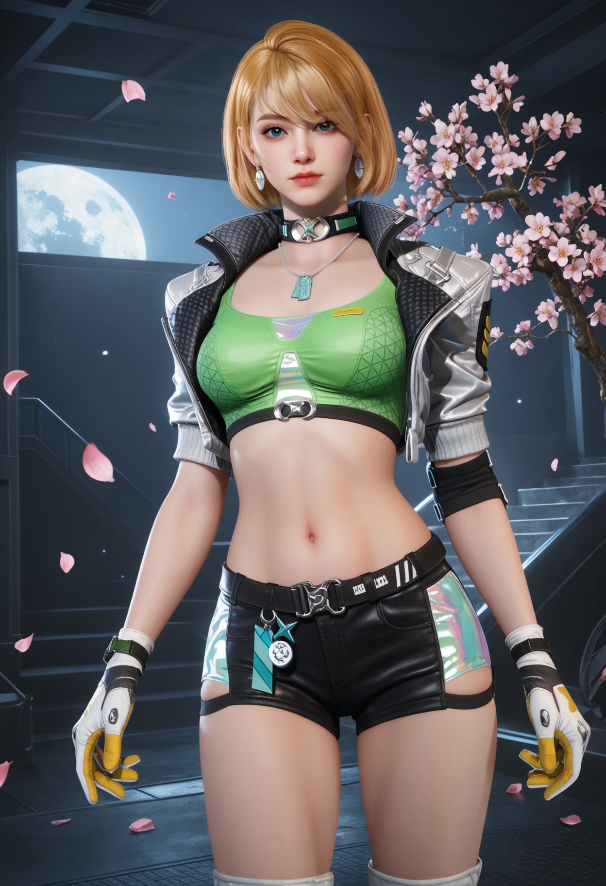 (cowboy shot:1.2),looking at viewer:1.1,masterpiece,(best quality),smog,Dark room,dim lighting,peach blossom,falling petals,<lora:YQ_Illustrious光辉v5_茉莉_V1:0.8>,q1528437228,1girl,blonde hair,jacket,short hair,solo,gloves,jewelry,cropped jacket,crop top,earrings,choker,shorts,short shorts,open jacket,black shorts,boots,dog tags,knee pads,blue eyes,necklace,white gloves,belt,