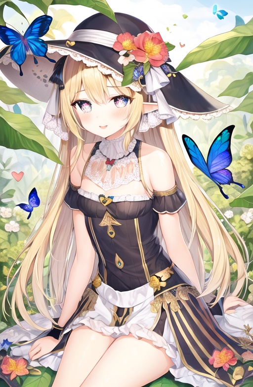 illustration,butterfly,bug,1girl,flower,long hair,hat,<lora:幻想童话插画风格_epoch_1:0.7>,light_blush,elf ears,multicolored eyes,sparkling eyes,small_breasts,blonde hair,heart-shaped_pupils,