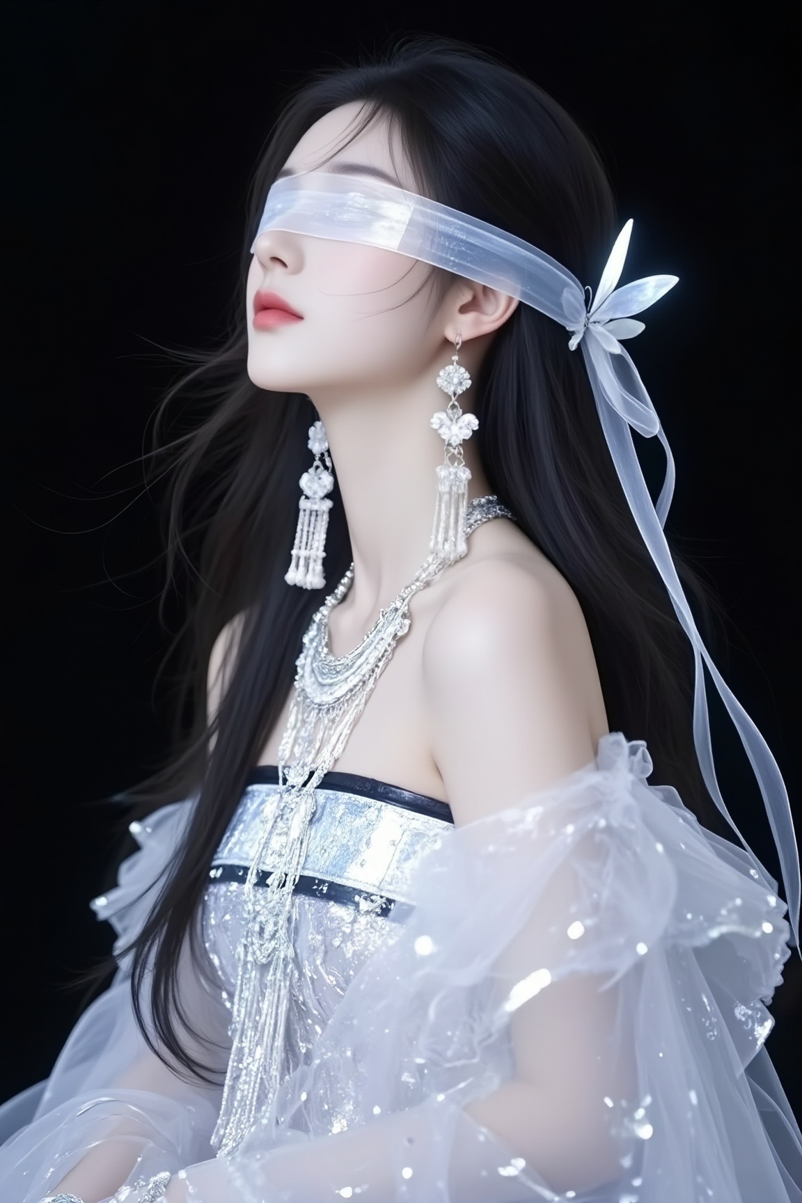 <lora:YY-拽姐F.1:1>,a young woman with a delicate, ethereal appearance. She has long, dark hair cascading down her shoulders, styled with a delicate, white ribbon tied in a bow on the left side, and adorned with a pair of white, butterfly-shaped hairpins. Her eyes are covered by a translucent, sheer veil, which gives her a mysterious, alluring look. She wears an elaborate, silver and white dress with intricate embroidery and lace, reminiscent of traditional Chinese attire. The dress is off-the-shoulder, revealing her fair, smooth skin. She accessorizes with a large, silver necklace and matching earrings, adding to her elegant and mysterious aura. The background is a deep black, which contrasts starkly with her light attire, drawing attention to her figure and the details of her clothing. The overall style of the illustration is highly detailed, with a soft, dreamy quality, enhanced by the soft lighting and the use of pastel tones. The illustration is likely inspired by traditional Chinese aesthetics, with a modern, digital art touch.