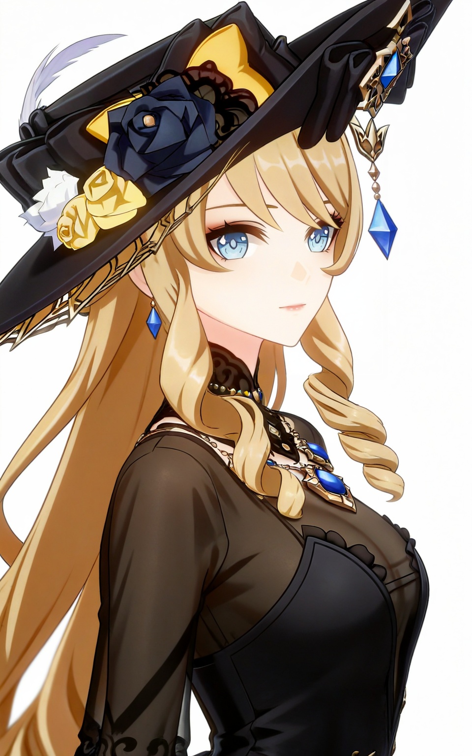 depth of field,masterpiece,best quality,very aesthetic,alternate costume,alternate costume,2024,2023,perfect composition,ultra-detailed,extreme aesthetic,masterpiece,best quality,good quality,newest,year 2024,year 2023,very aesthetic,absurdres,looking_at_viewer,colorful,white_background,simple background,upper_body,see-through,dress,<lora:娜维娅·衣服百搭款ILL:1>,navia \(genshin impact\),blonde hair,long hair,blue eyes,drill hair,drill sidelocks,earrings,gem earrings,blue gemstone,hat flower,black headwear,hat,roes,yellow rose,black rose,