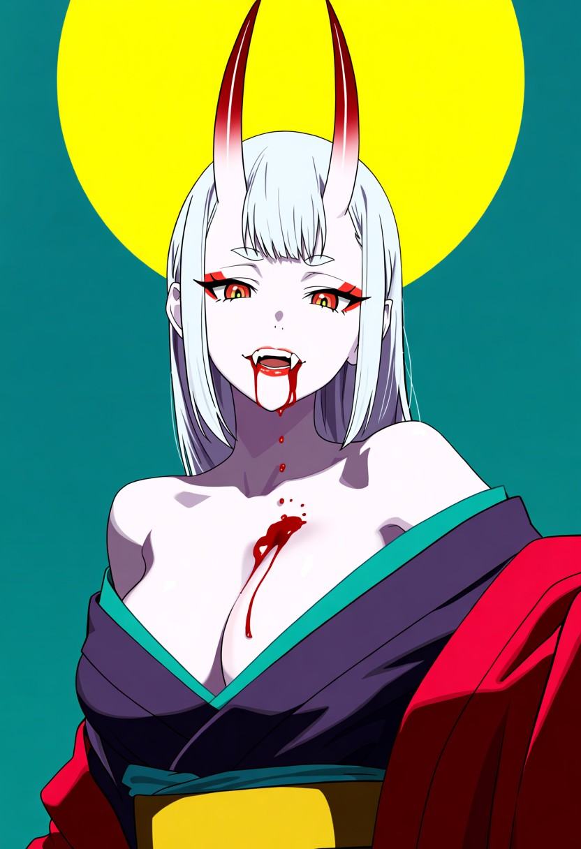 A cinematic anime illustration of an oni woman in a kimono,  set in a cyberpunk style with a yellow sun and teal backgroun...