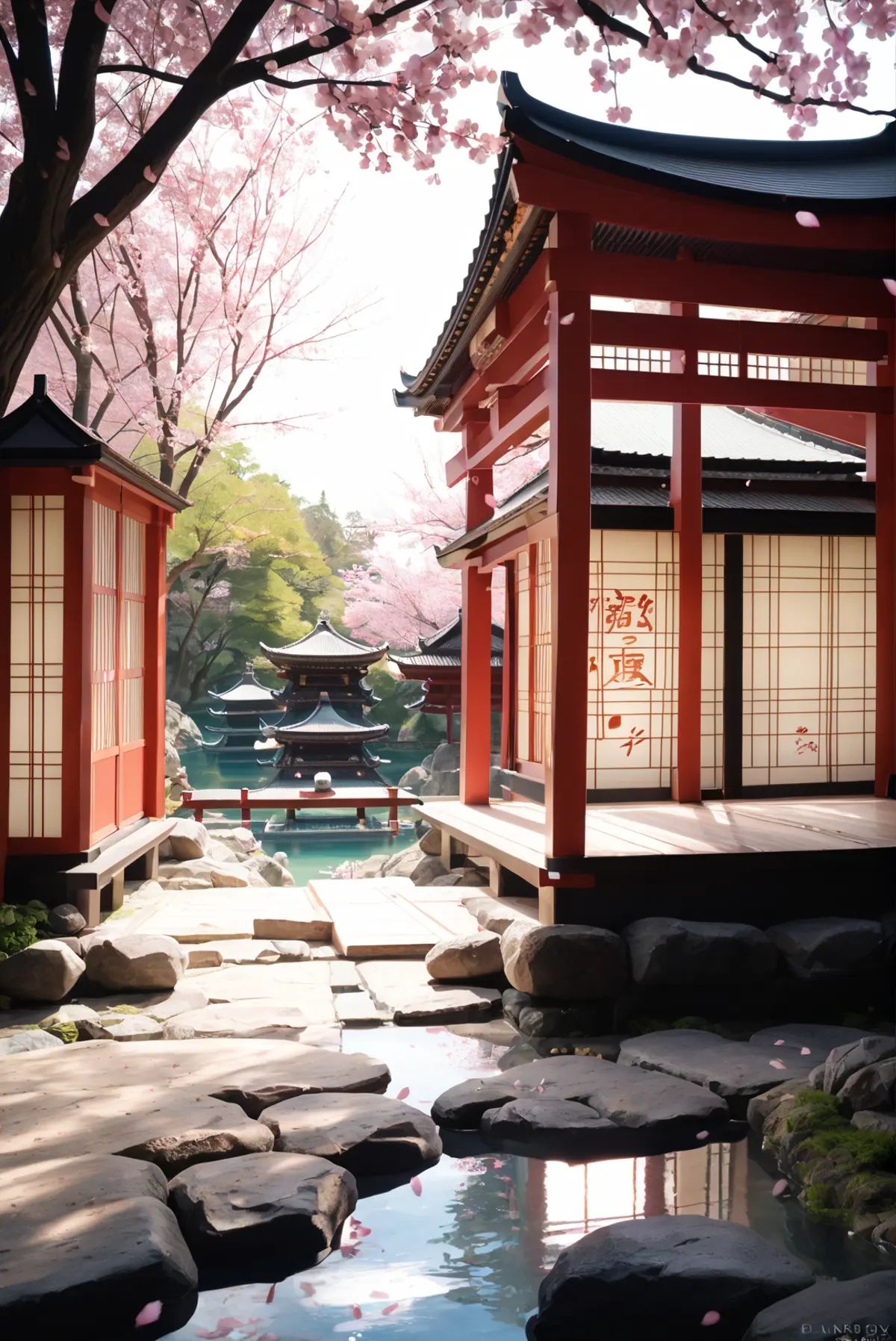 zPDXLrl,  serene Japanese garden,  cherry blossoms in full bloom on Tensor.Art