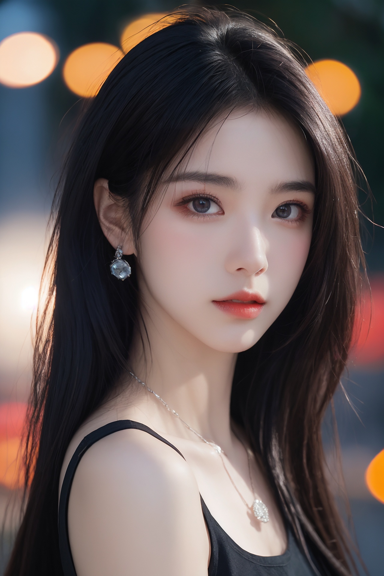 1girl, black hair, blurry, blurry background, bokeh, depth of field, jewelry, lens flare, lips, long hair, looking at viewer, necklace, outdoors, sleeveless, solo <lora:美女:0.8>