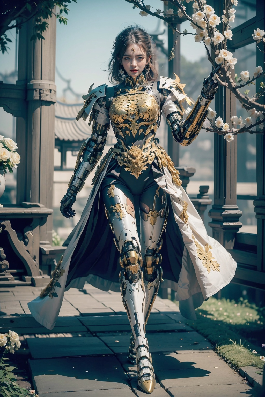 hjyjiazhourbt,1girl,lush flower garden,(((mecha legs))),(((mecha arm))),hands up,walking,mecha body,A cuirass with a Chinese pattern,(flower and branch  background:1.3),biomechanical,(looking at viewer),(((dynamic pose))),dynamic angle,(chinese armor:1.4),gold. hi - tech synthetic bio ethereal metal and black titanium material,masterpiece,best quality,(highly detailed),gold hair,(full body:1.3),day light,((bright light)),wide angle,sleek,studio light,<lora:hjyjiazhouRBTcropface-000002:0.8>,slender,