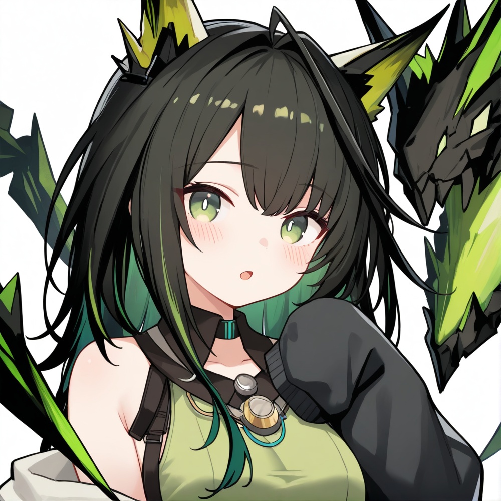 masterpiece, best quality, <lora:Mon3tr:0.8>, mon3tr \(arknights\), 1girl, solo, black hair, green eyes, white background, long hair, open mouth, looking at viewer, multicolored hair, simple background, sleeves past wrists, sleeves past fingers, jacket, blush, upper body, breasts, bare shoulders, green hair, black jacket, shirt, off shoulder, animal ears, open clothes, open jacket, sleeveless, long sleeves