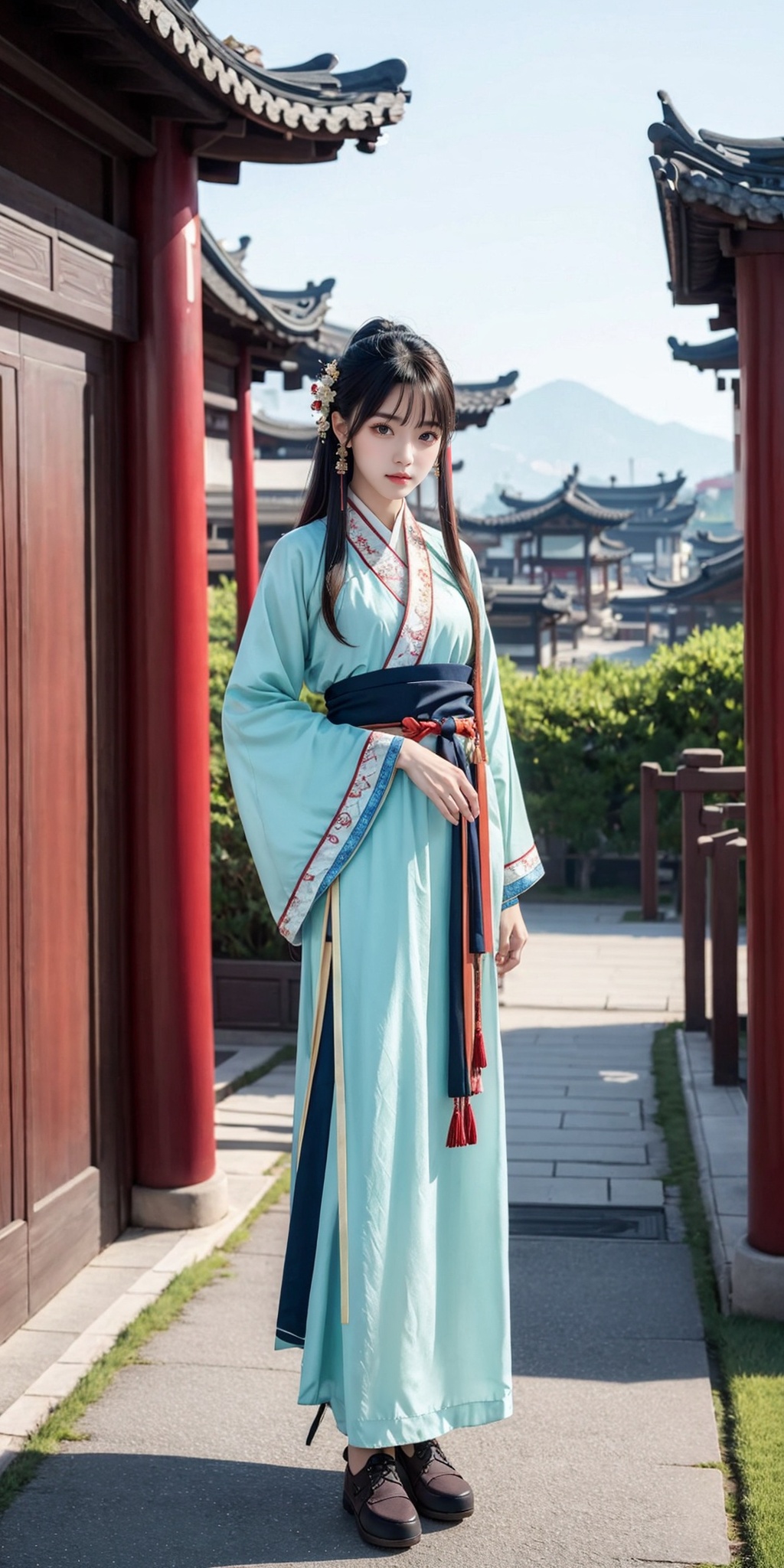 1girl,solo,hanfu,looking at viewer,solo,full body,suburban scenery,east asian,chinese style architecture