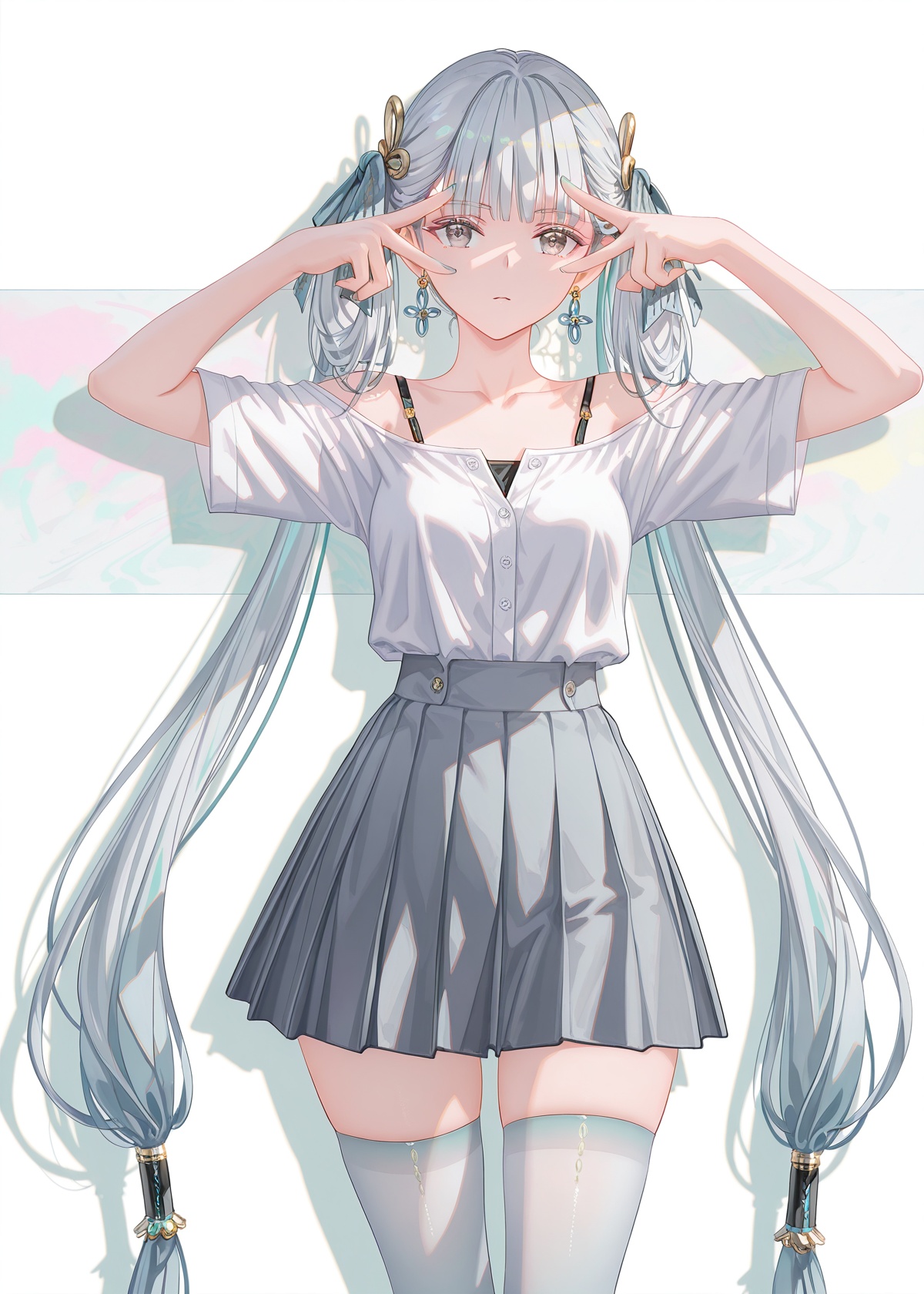 Jinhsi,Jinhsi,Simple Flat Coloring,8k,best quality,masterpiece,(ultra-detailed),(high detailed skin),((artist:reoen),(artist:fuzichoco),(artist:atdan),(artist:torino_aqua),year 2024:0.8),[artist:wlop],[artist:ningen_mame],artist:ciloranko,[[artist:rhasta]],artist:tidsean,colorful,1girl,solo,white shirt,off shoulder,white background,Short skirt,JK,JK uniform,high school uniform,white stockings,white shirt,looking at viewer,simple background,grey eyes,off-shoulder shirt,thighs,grey hair,breasts,hair ribbon,hair ornament,blunt bangs,collarbone,one_side_up,white_shirt,double_v,v_over_eye,Colorful background wall,soft light and shadow,Simple Flat Coloring,sketch,line,simple background,white background,