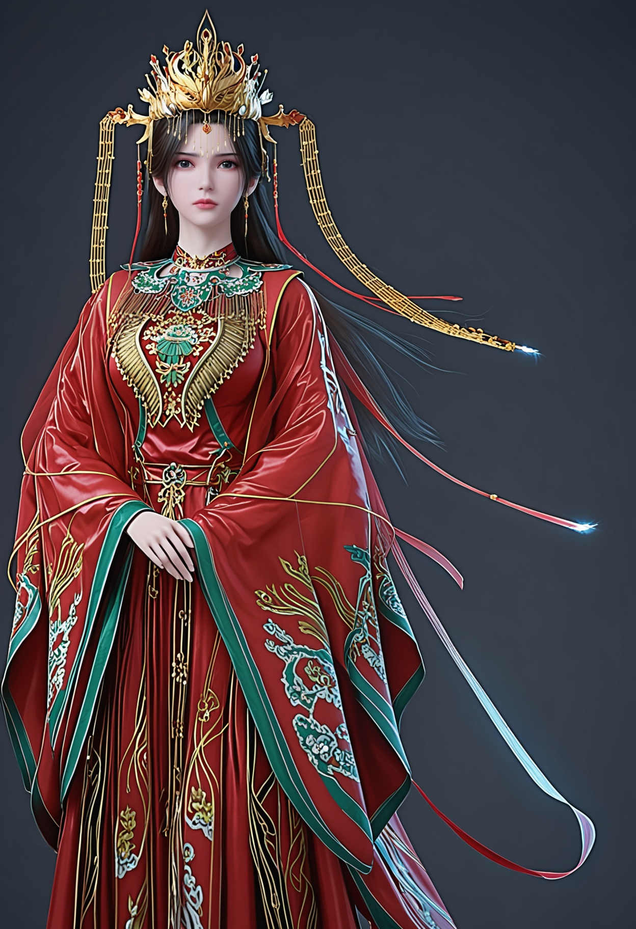 score_9,looking_at_viewer,cowboy shot,large breasts,1girl,solo,long hair,chinese clothes,jewelry,hair ornament,black hair,dress,closed mouth,red dress,earrings,crown,realistic,long sleeves,brown hair,expressionless,tiara,wide sleeves,headdress,shoes,(simple background,pure black background,black background:1.1),perfect_anatomy,<lora:QQSponylimuwanhunfu:0.8>,