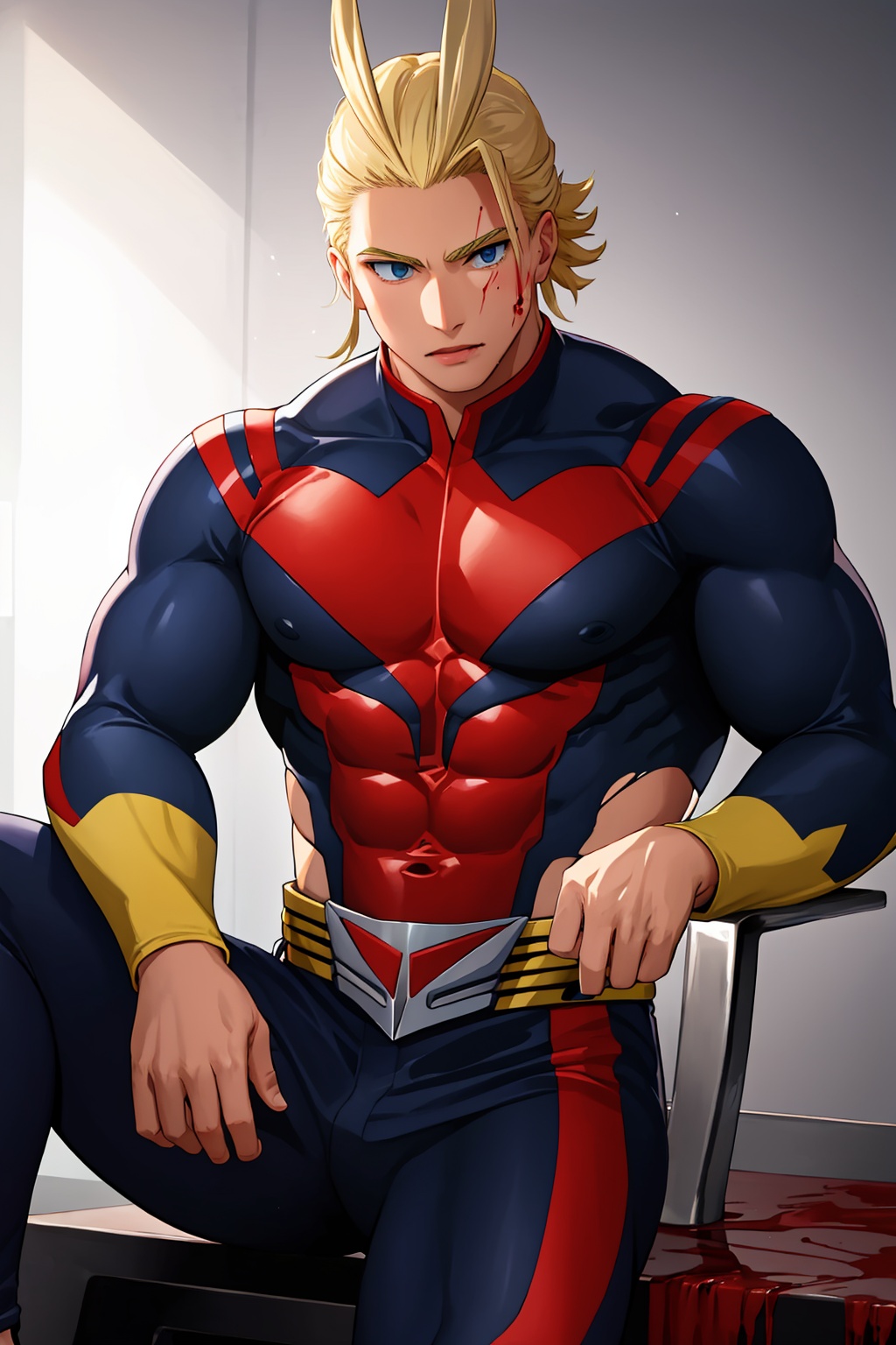 masterpiece,best quality, highly detailed, all might,1boy, solo, muscular male, large pectorals, bara, covered abs, hair slicked back, blood on face, sitting, feet out of frame, abs, torn bodysuit, cuts, blue bodysuit, bruise,<lora:all_might:1>