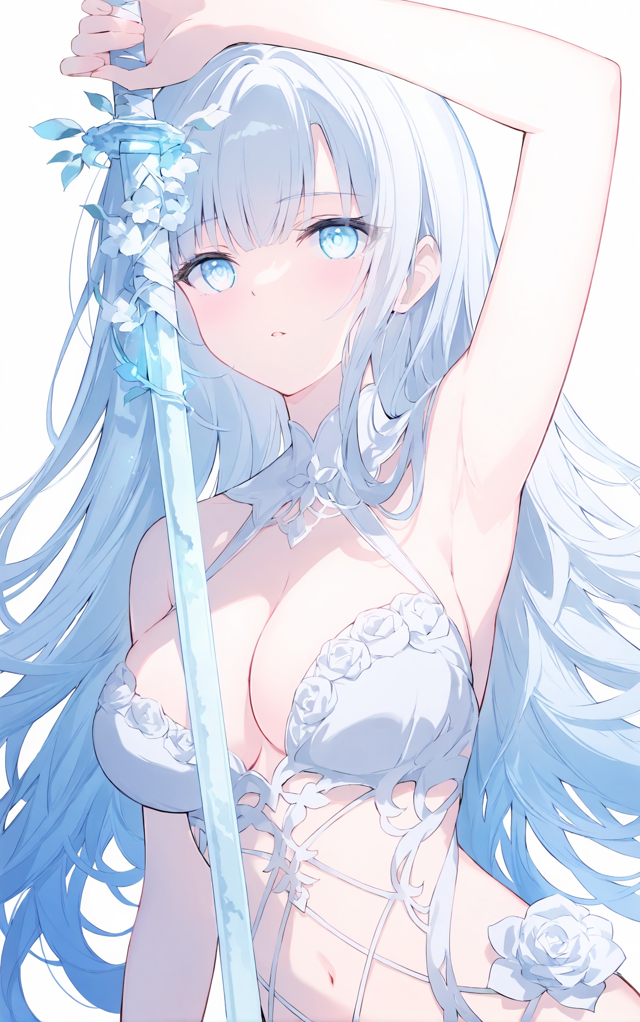 transparent,trough,tender,christmas,lightshadow,1girl, solo, long hair, breasts, bangs, blue eyes, large breasts, simple background, white background, navel, holding, cleavage, bare shoulders, very long hair, blue hair, upper body, weapon, flower, white hair, parted lips, sword, armpits, holding weapon, arm up, holding sword, white flower, white rose