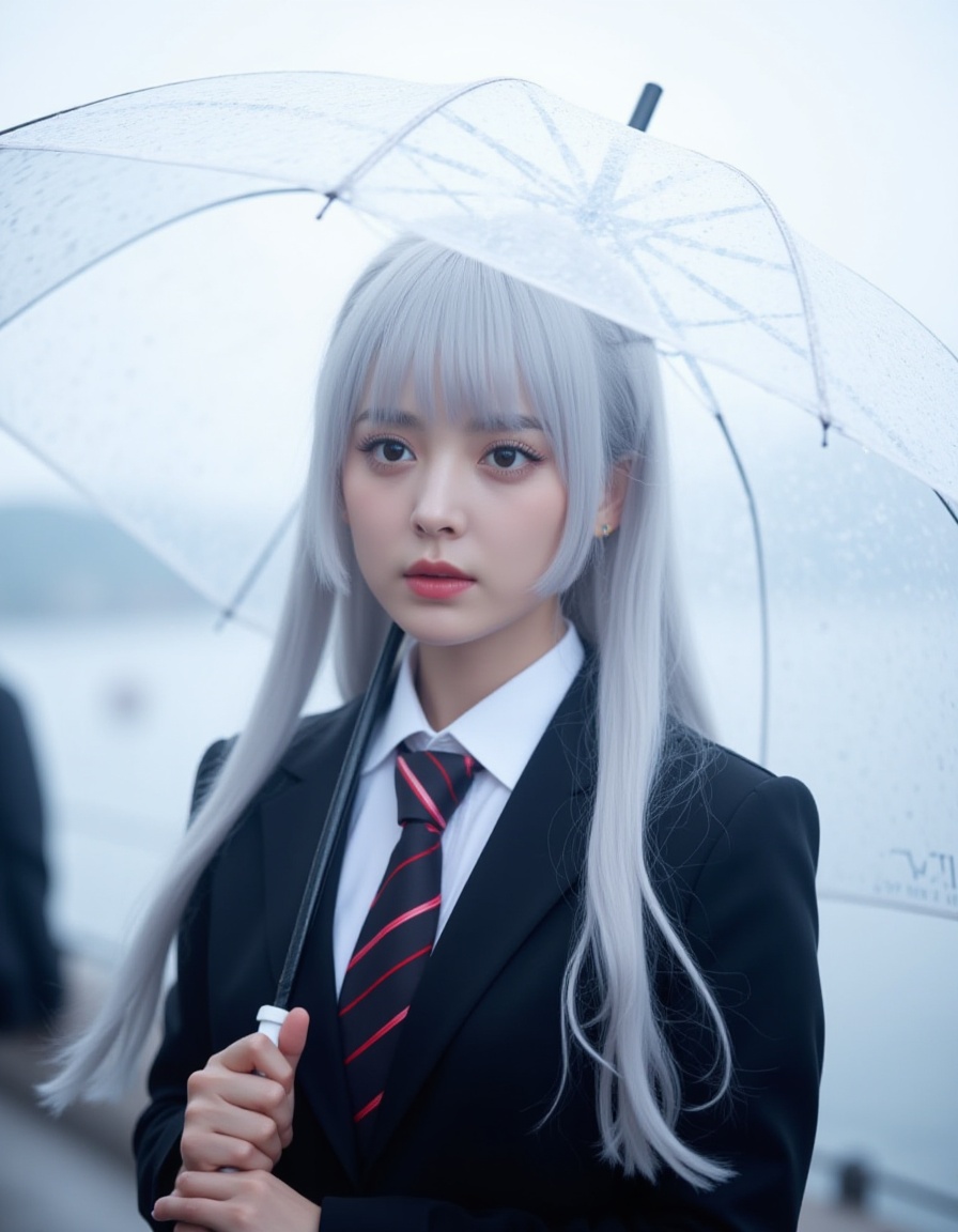 The image shows a person with long,flowing white hair,wearing a dark school uniform with a white shirt and a red-striped tie. They are holding a transparent umbrella,which is slightly open,suggesting they are prepared for rain. The background appears to be an outdoor setting,possibly near a body of water,as there is a blurred view of what looks like a waterfront or a similar area. The lighting is soft and diffused,creating a calm and serene atmosphere.,