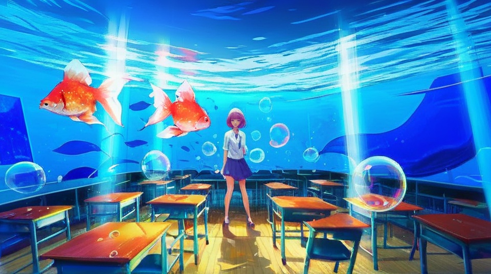 (best quality), ((masterpiece)), (highres), illustration, original, extremely detailed, <lora:少女梦绘卷:0.7>1girl, fish, solo, desk, bubble, surreal, chair, short hair, school desk, skirt, classroom, shirt, underwater, school uniform, indoors, white shirt, air bubble, wide shot, goldfish, scenery, standing