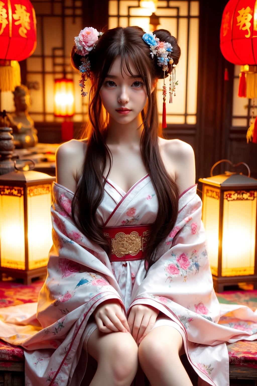 hands_, realistic,1girl, brown hair, hair ornament, lantern, solo, sitting, paper lantern, long hair, brown eyes, realistic, hair bun, bare shoulders, flower, hair flower, chinese clothes, looking at viewer, japanese clothes, double bun, kimono, lips<lora:嫣月楼3:0.75>((wash  painting)),((ink  s...,