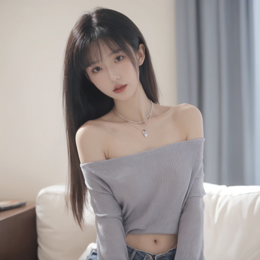 1girl,arms_behind_back,bare_shoulders,black_hair,blurry,blurry_background,blurry_foreground,breasts,brown_eyes,collarbone,cowboy_shot,depth_of_field,heart,jewelry,lips,long_hair,looking_at_viewer,motion_blur,necklace,off_shoulder,parted_lips,photo_\(medium\),pov,pov_hands,shorts,solo_focus, <lora:sifang_20231118123505:0.6>