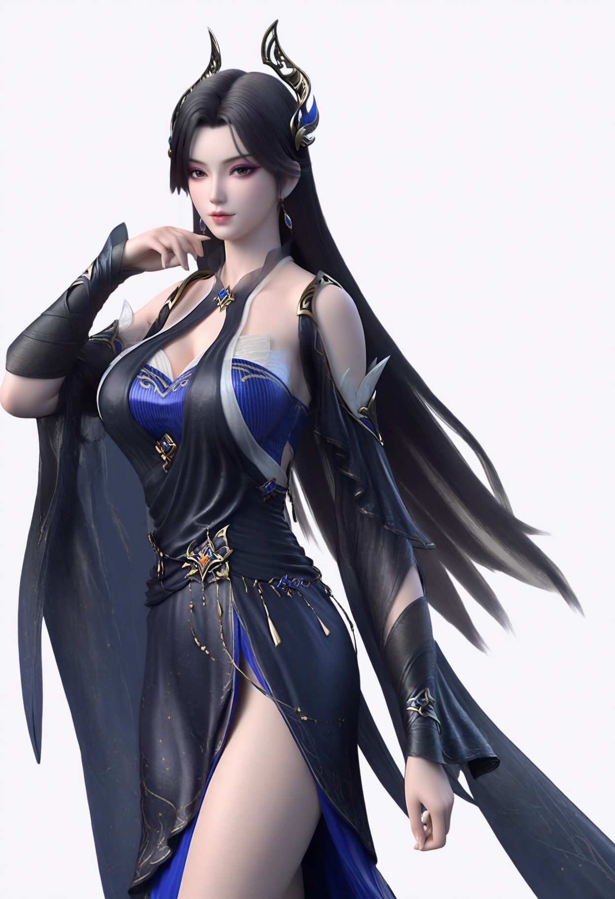 score_9,<lora:SF_CaoYing_Pony_Realism2.3-000004:0.7>,hair ornament,black hair,dress,long hair,eyeshadow,1girl,breasts,large breasts,dress,detached sleeves,solo,looking at viewer,white background,simple background,