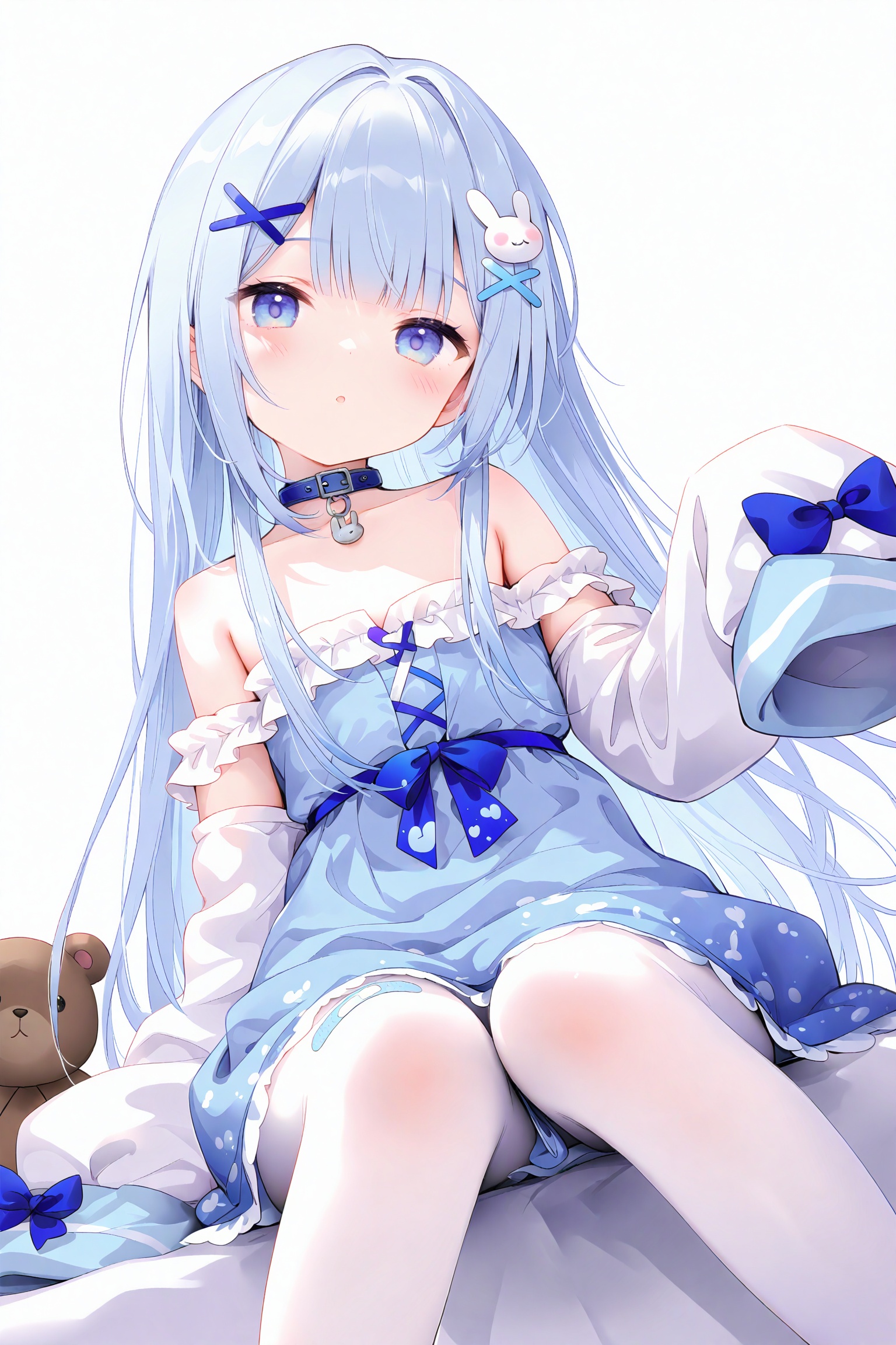 masterpiece,very aware,highres,absurdres,newest,best quality,loli,petite,high quality,chromatic_aberration,cinematic_angle,dutch angle, //,1girl, white pantyhose, pantyhose, stuffed animal, long hair, stuffed toy, looking at viewer, solo, blush, bandaid, hair ornament, bandaid on leg, sleeves past wrists, sleeves past fingers, dress, x hair ornament, sitting, bare shoulders, hairclip, off shoulder, blue eyes, feet out of frame, teddy bear, collar, blue dress, blue choker, white hair, long sleeves, bandaid on knee, purple eyes, grey hair, very long hair, parted lips, blue collar, virtual youtuber, choker, white shirt, knees together feet apart, flat chest, shirt, strapless, sidelocks, white background, collarbone, hair between eyes, dot nose, strapless dress, oversized clothes, hair intakes, :o, blue skirt, frilled dress, blunt bangs, frills, off-shoulder dress, ribbon, closed mouth, skirt, heart, head tilt, stuffed rabbit, white sleeves, blue hair, foot out of frame, detached sleeves, rabbit hair ornament, pendant choker, breasts, simple background, straight hair<lora:lp45up1-000009:0.8>