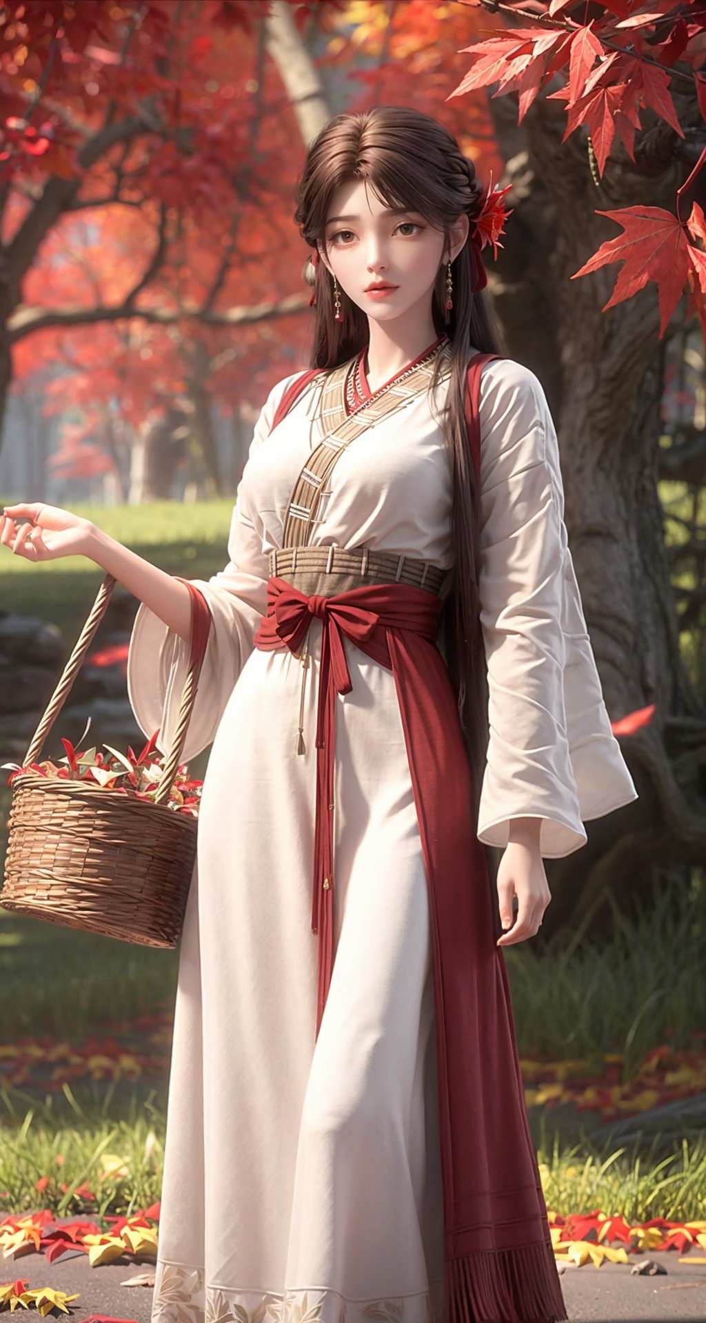 <lora:add_detail细节增加:0.8>,<lora:梦幻白1:0.2>,1girl,solo,hair ornament,long hair,hair flower,brown hair,jewelry,earrings,brown eyes,lips,realistic,closed mouth,chinese clothes,dress,basket,outdoors,autumn leaves,autumn,solo focus,flower,holding basket,leaf,tree,day,long sleeves,grass,maple leaf,long skirt,water,sky,depth of field,rock,ribbon,red ribbon,hairpin,hair stick,looking at viewer,eyelashes,red lips,scenery,nature,forest,sunlight,tassel,wide sleeves,<lora:火灵儿上界:0.7>,long_legs,