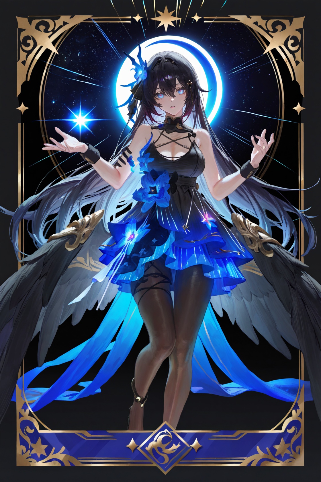 8k,masterpiece,best quality,amazing quality,very aesthetic,absurdres,(ultra-detailed),(high detailed skin),((artist:betabeet)),artist:john_kafka,artist:nixeu,artist:quasarcake,original,normal_quality,(by xilmo, by modare, by reoen:1.1),(hyperrealistic:1.1),(high_contrast:1.1),(holy_(\theme\):1.2),(card_\(theme\):1.1),solo,long hair,fur trim,large breasts,(black-color-scheme:1.1),character card,abstract sun,moon and stars,thick line,<lora:xierssyy-noob-Tanger-000010:0.8>,xier,yongye,second clothes,black sleeveless dress,black hair ornament,black low wings,1girl,blue eyes,long hair,black hair,black pantyhose,bare shoulders,seele vollerei,bangs,<lora:neg101-000008:0.5>,murals,holy light,mural moon,simple black background,angels come,stars,card border,frame pattern,